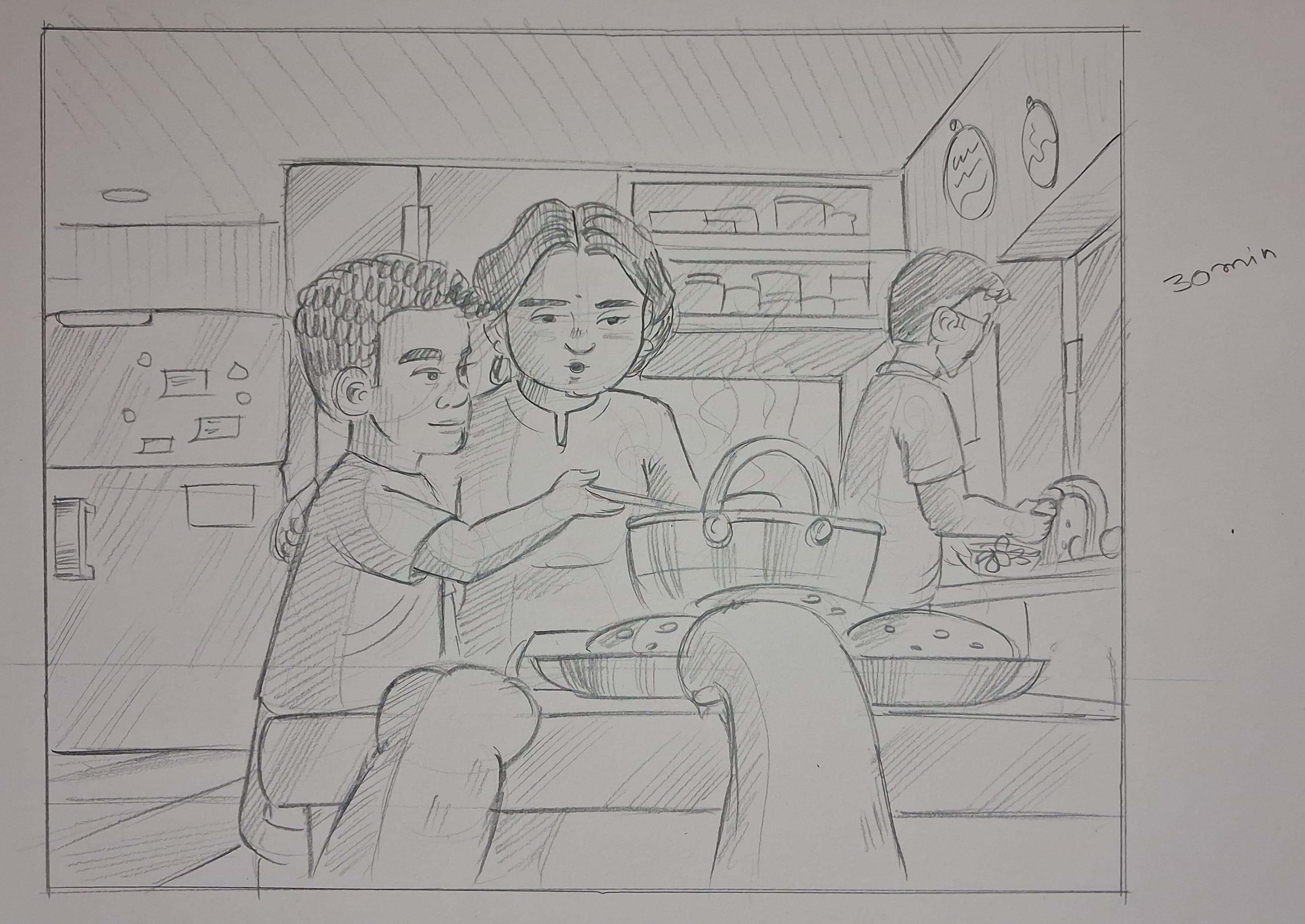 Student sketch for the practice prompt “Busy Kitchen Scene” by Saee s.