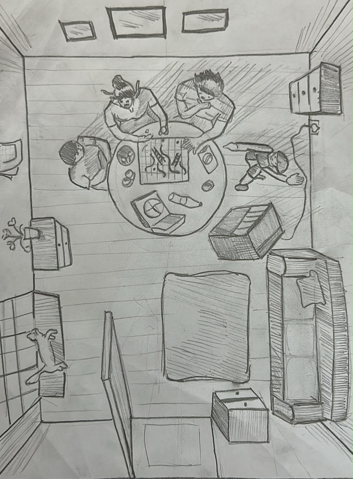 Student sketch for the practice prompt “Bird's-Eye Board Game”.