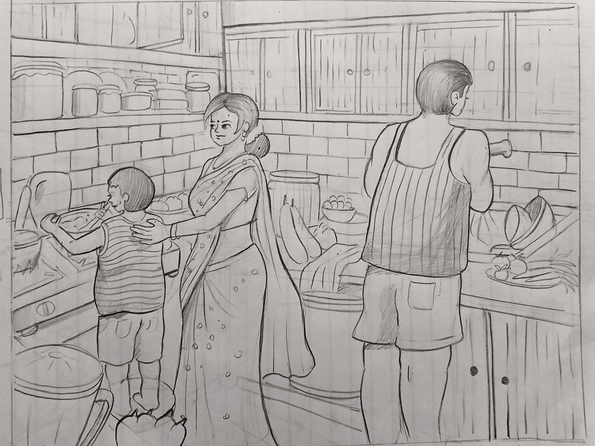 Student sketch for the practice prompt “Busy Kitchen Scene” by Vayy.