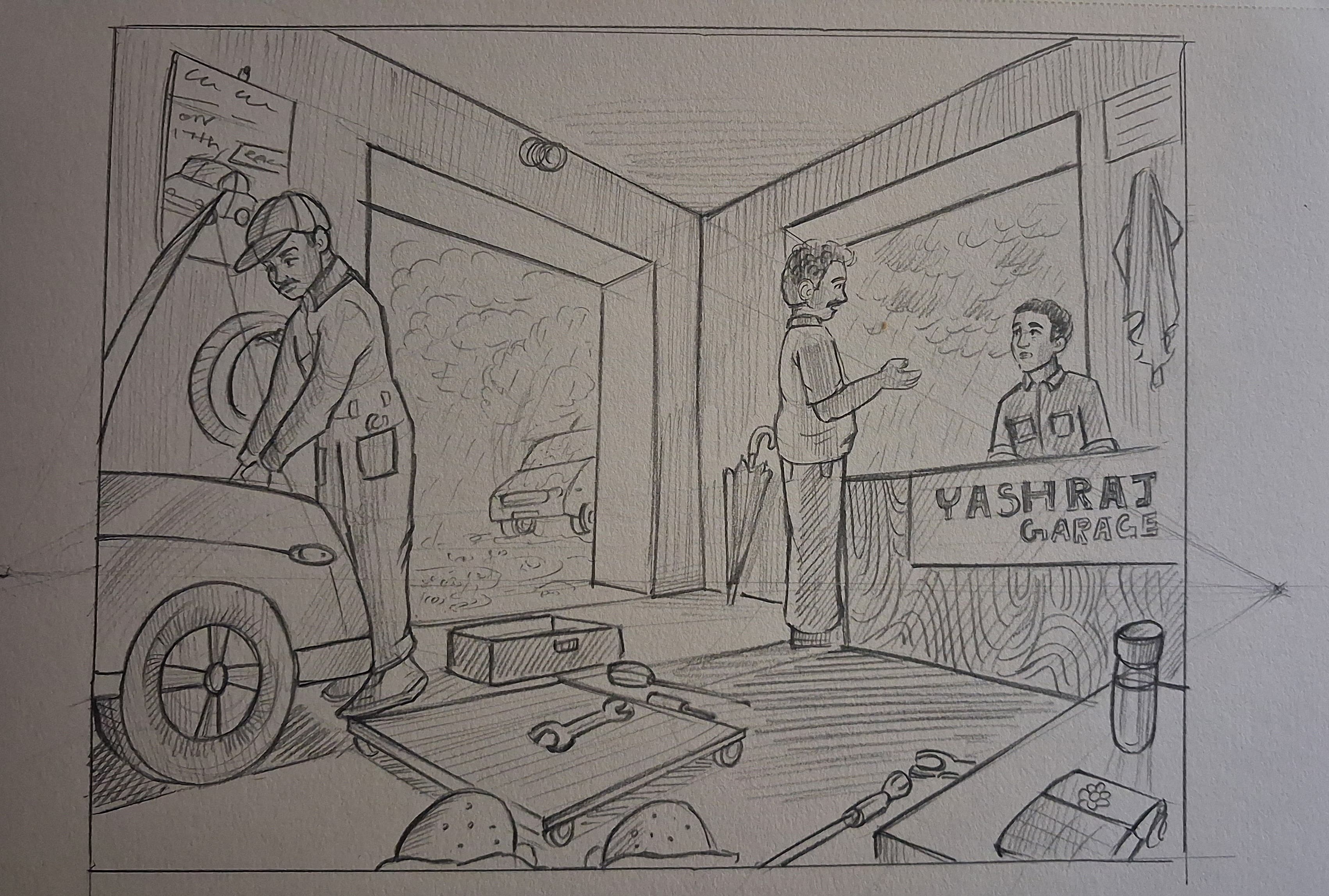Student sketch for the practice prompt “Busy Garage Mechanic” by Saee s.