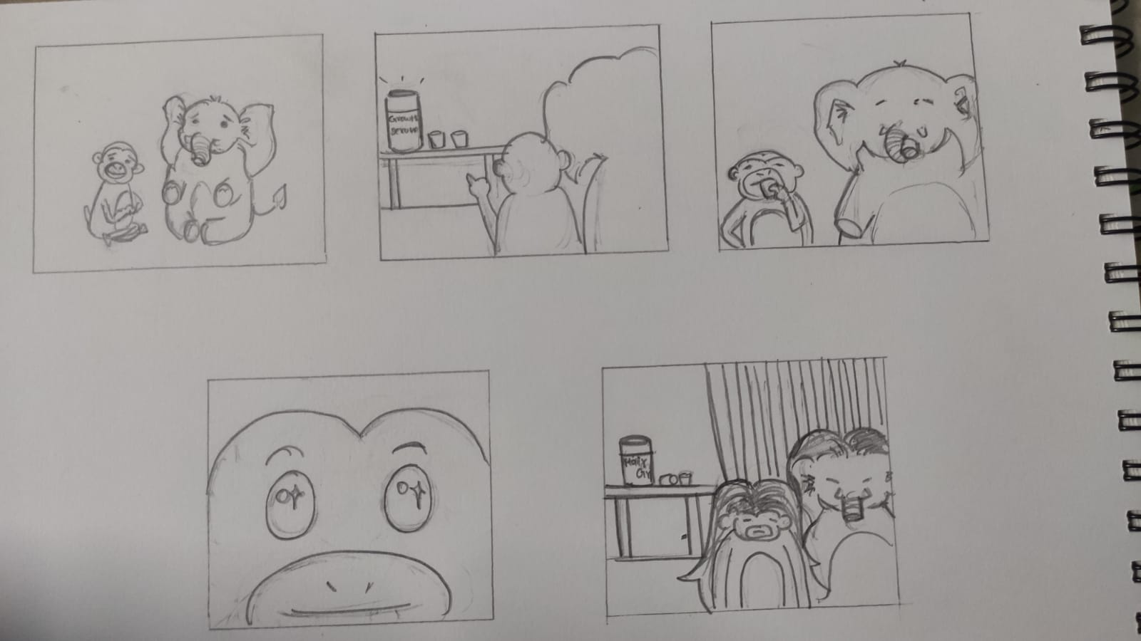 Student sketch for NID 2016 Part B “Monkeys and Elephants Story Completion”.