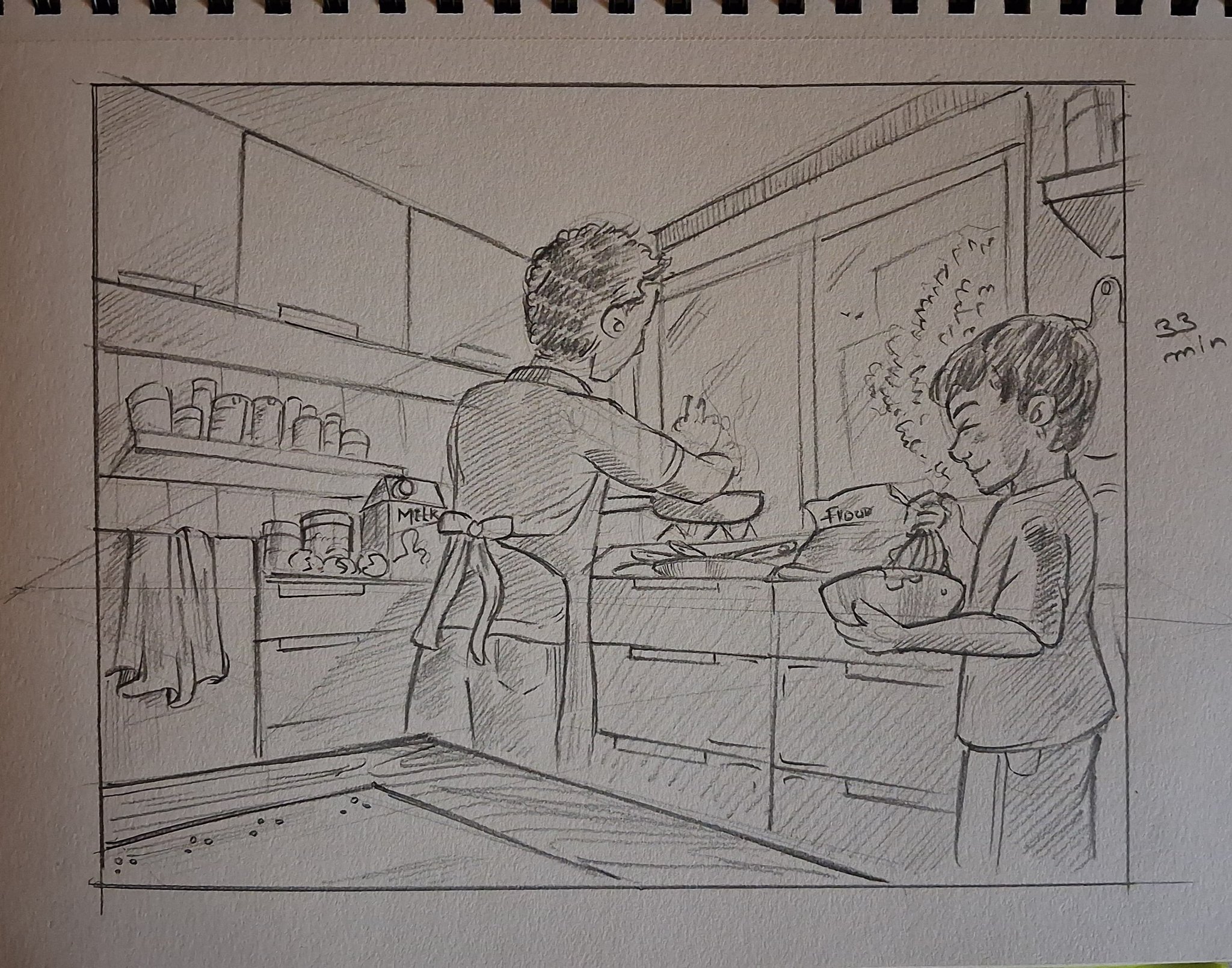 Student sketch for the practice prompt “Pancake Morning” by Saee s.