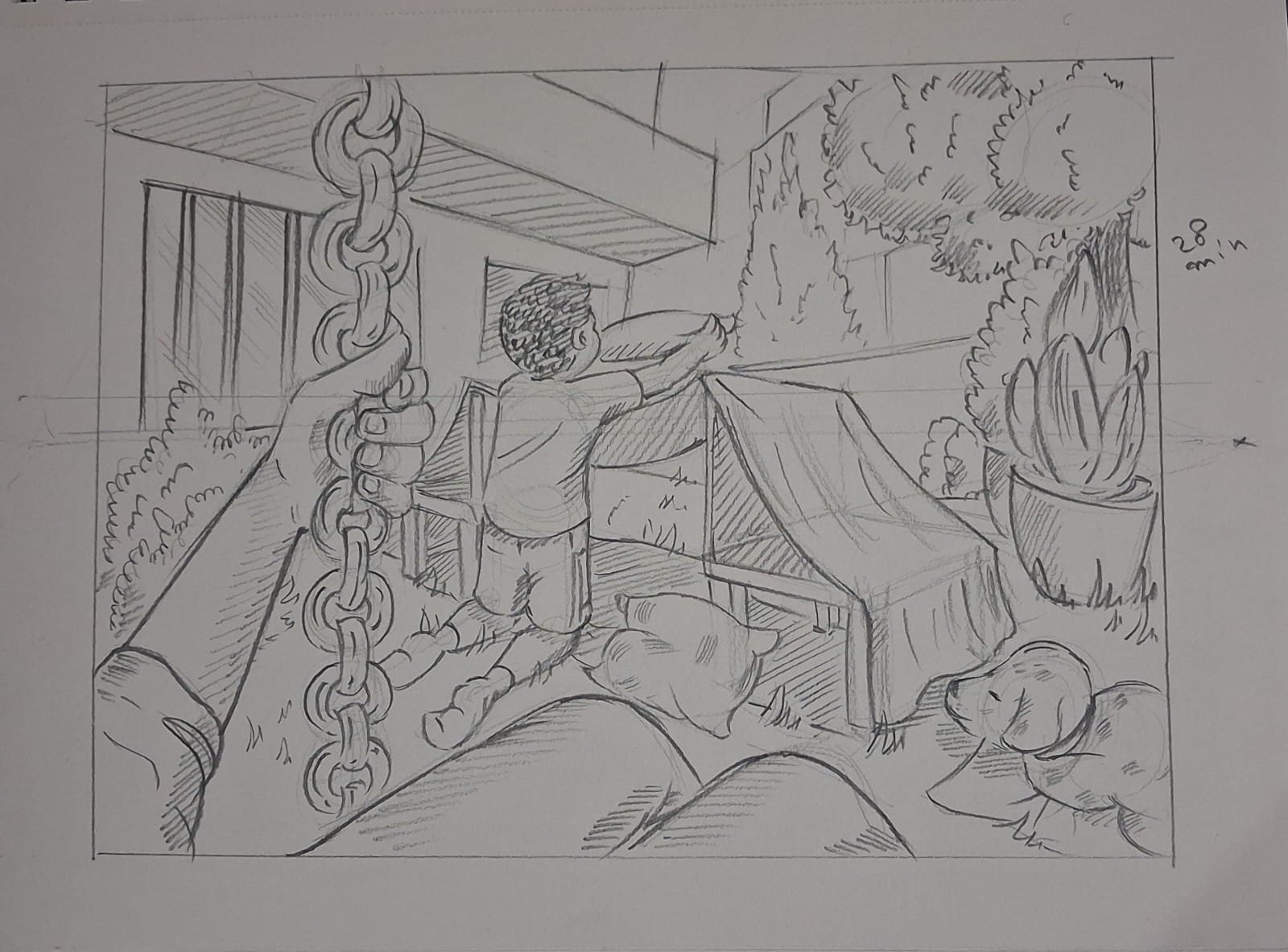 Student sketch for the practice prompt “Backyard Cushion Fort” by Saee s.
