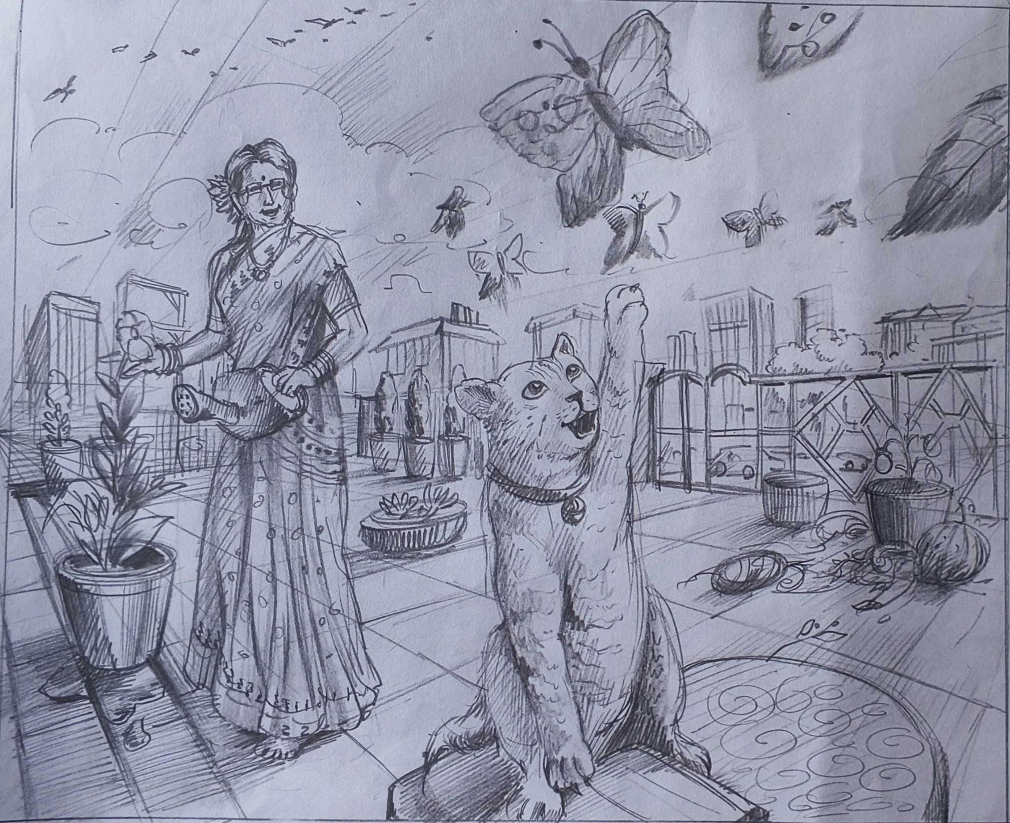 Student sketch for the practice prompt “Mrs. Gupta's Rooftop Garden”.