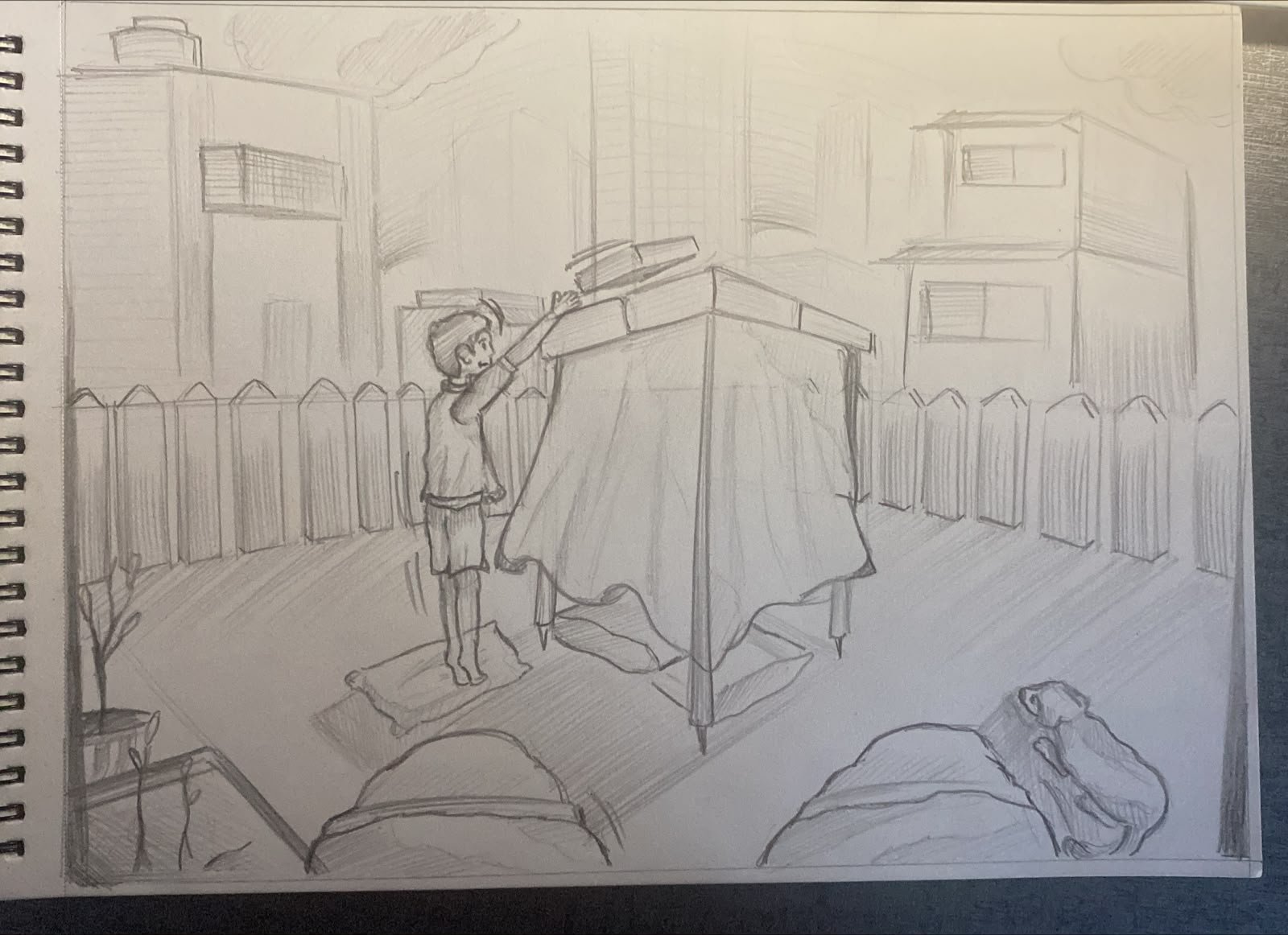 Student sketch for the practice prompt “Backyard Cushion Fort” by Naman Goyal.