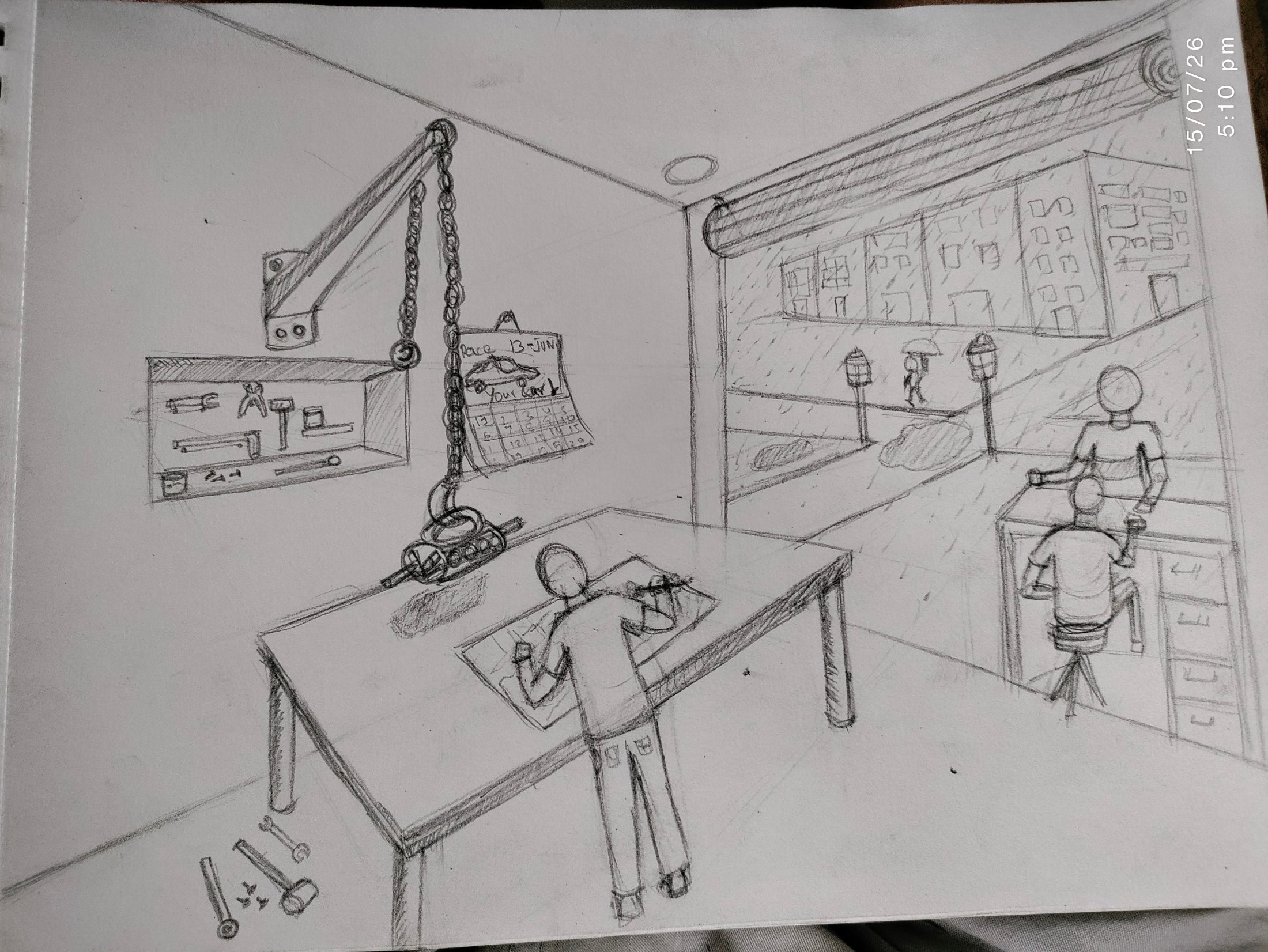 Student sketch for the practice prompt “Busy Garage Mechanic” by Harshith Vavilala.