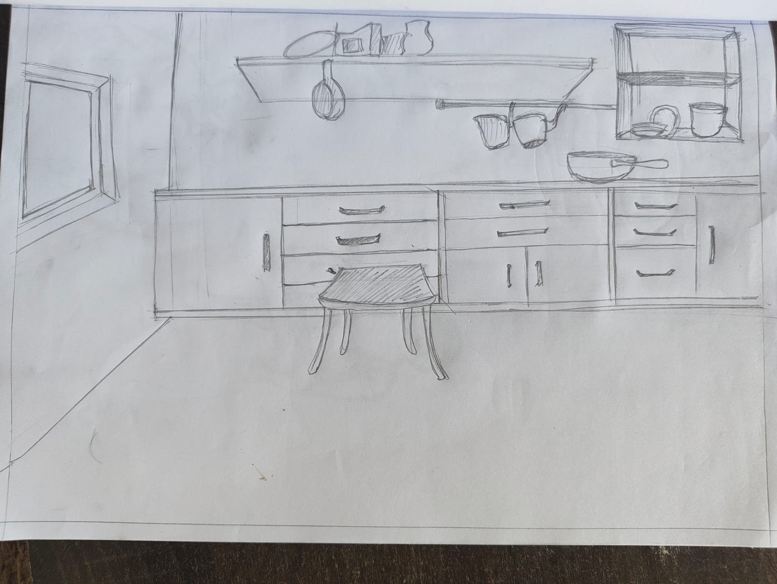 Student sketch for NID 2020 Part B “Kitchen Child Perspective” by Kumar Priyanshu.