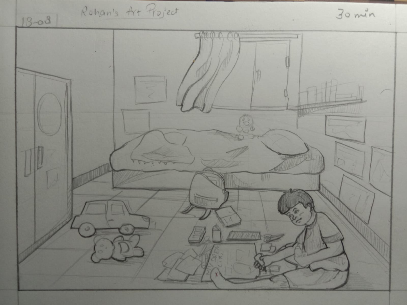 Student sketch for the practice prompt “Rohan's Art Project” by Aditi Patel.