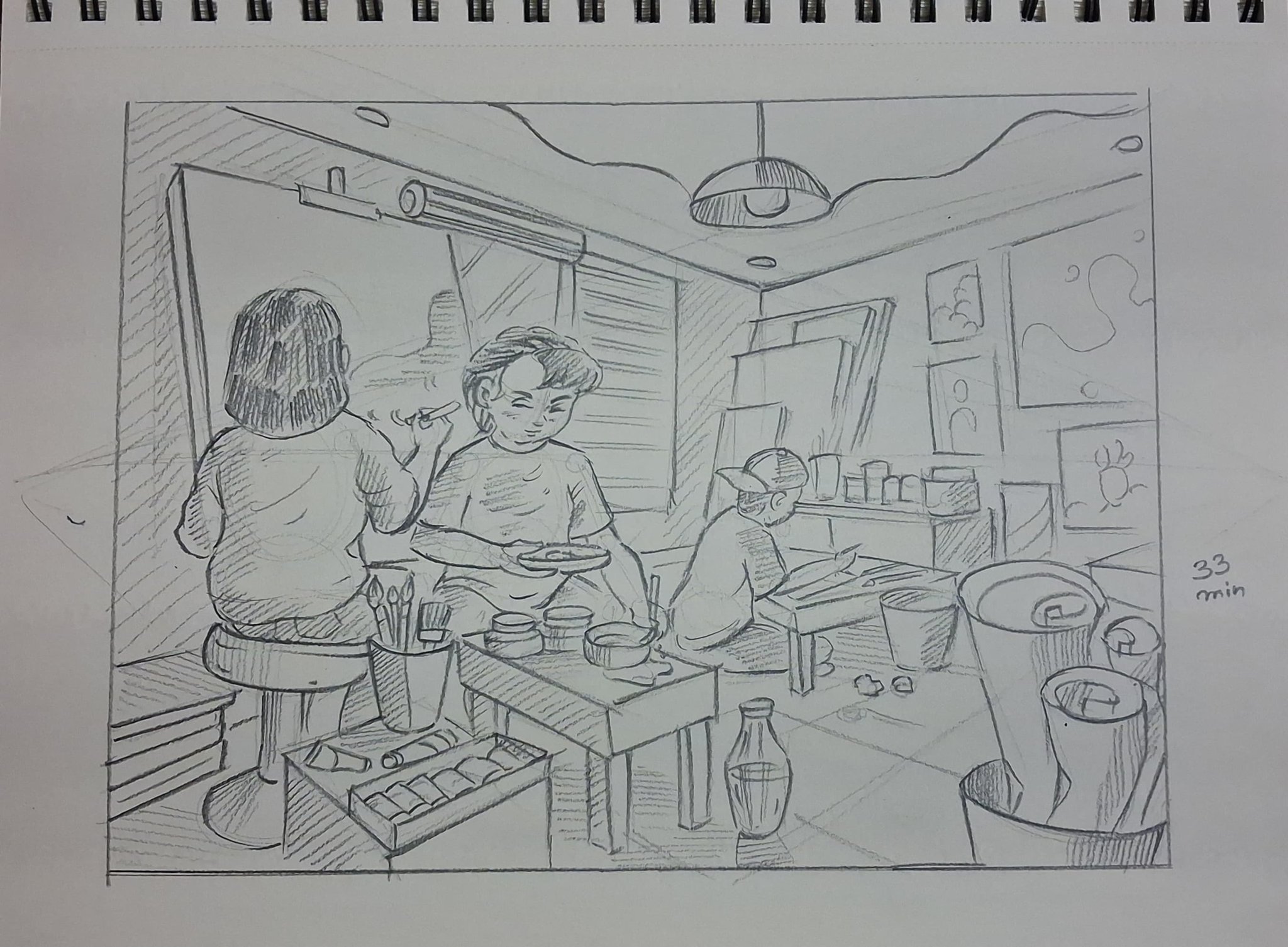Student sketch for the practice prompt “Art Studio Collaboration” by Saee s.