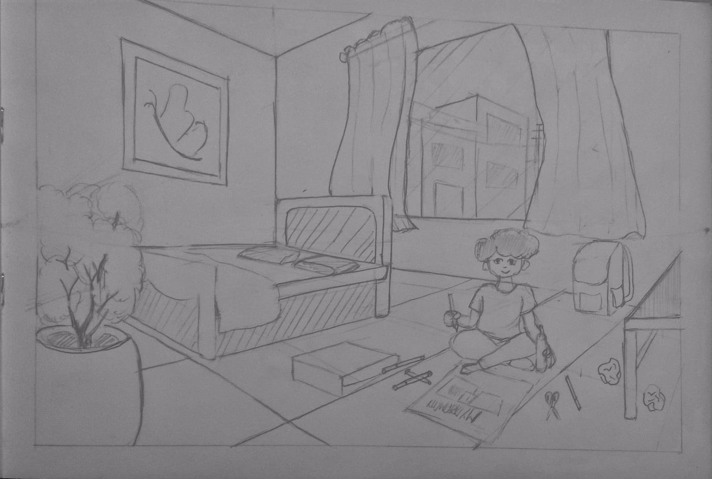 Student sketch for the practice prompt “Rohan's Art Project” by Prithika.