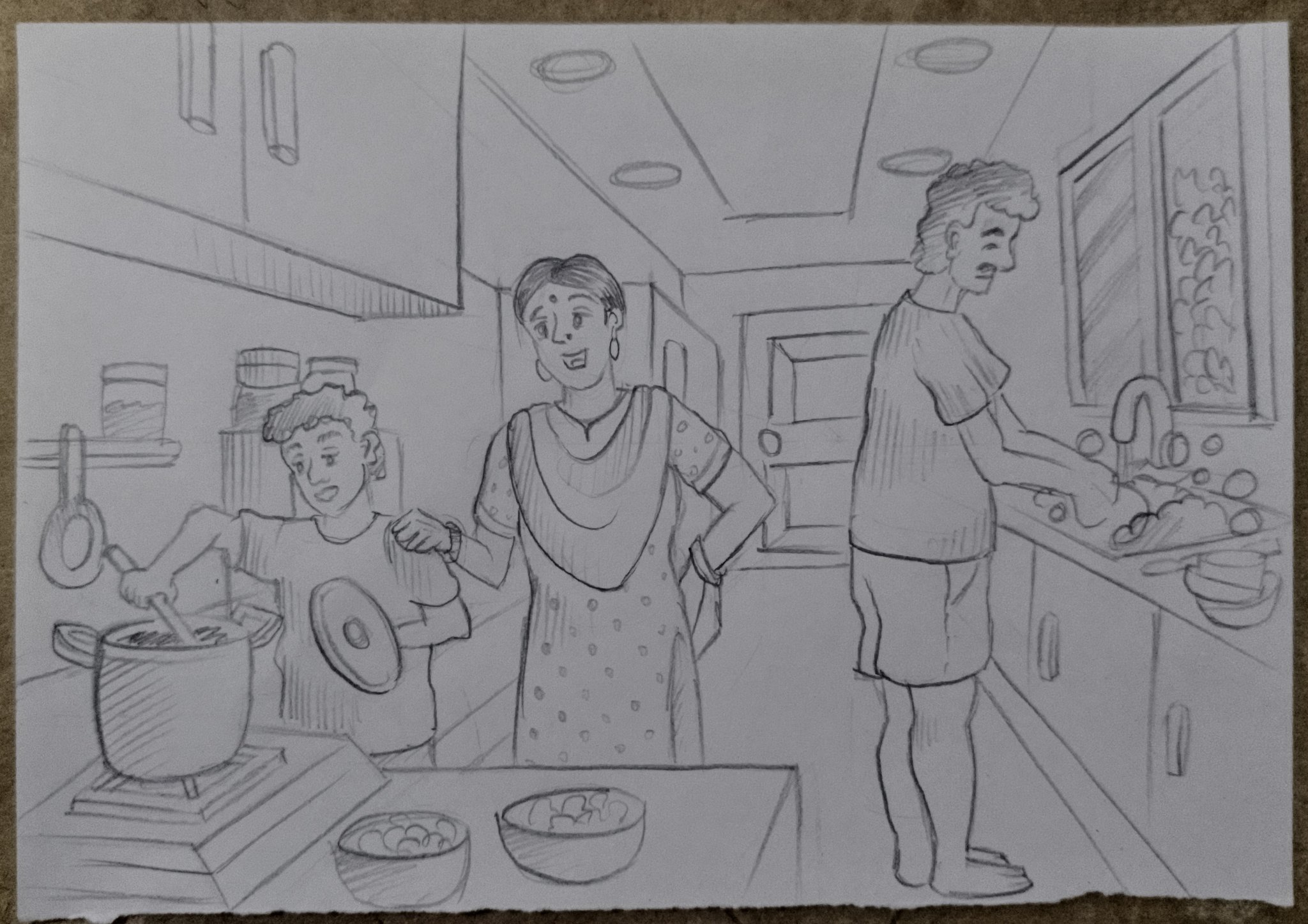 Student sketch for the practice prompt “Busy Kitchen Scene” by Iris.