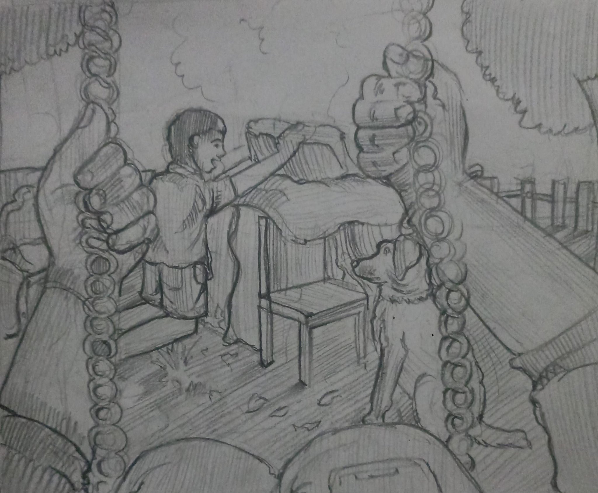 Student sketch for the practice prompt “Backyard Cushion Fort” by Bloodhound.