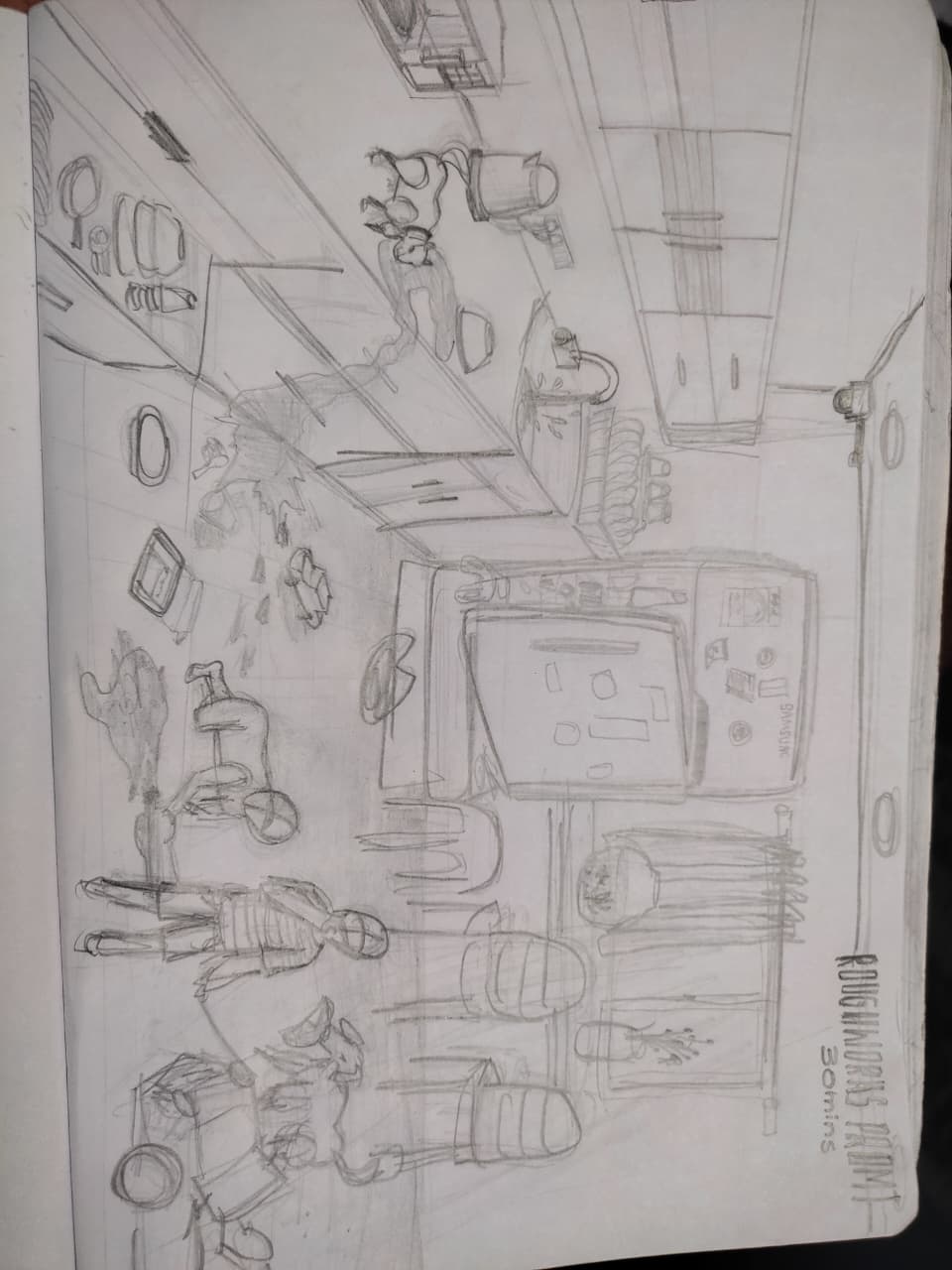 Student sketch for the practice prompt “Toddler Juice Spill” by Avaneesh.