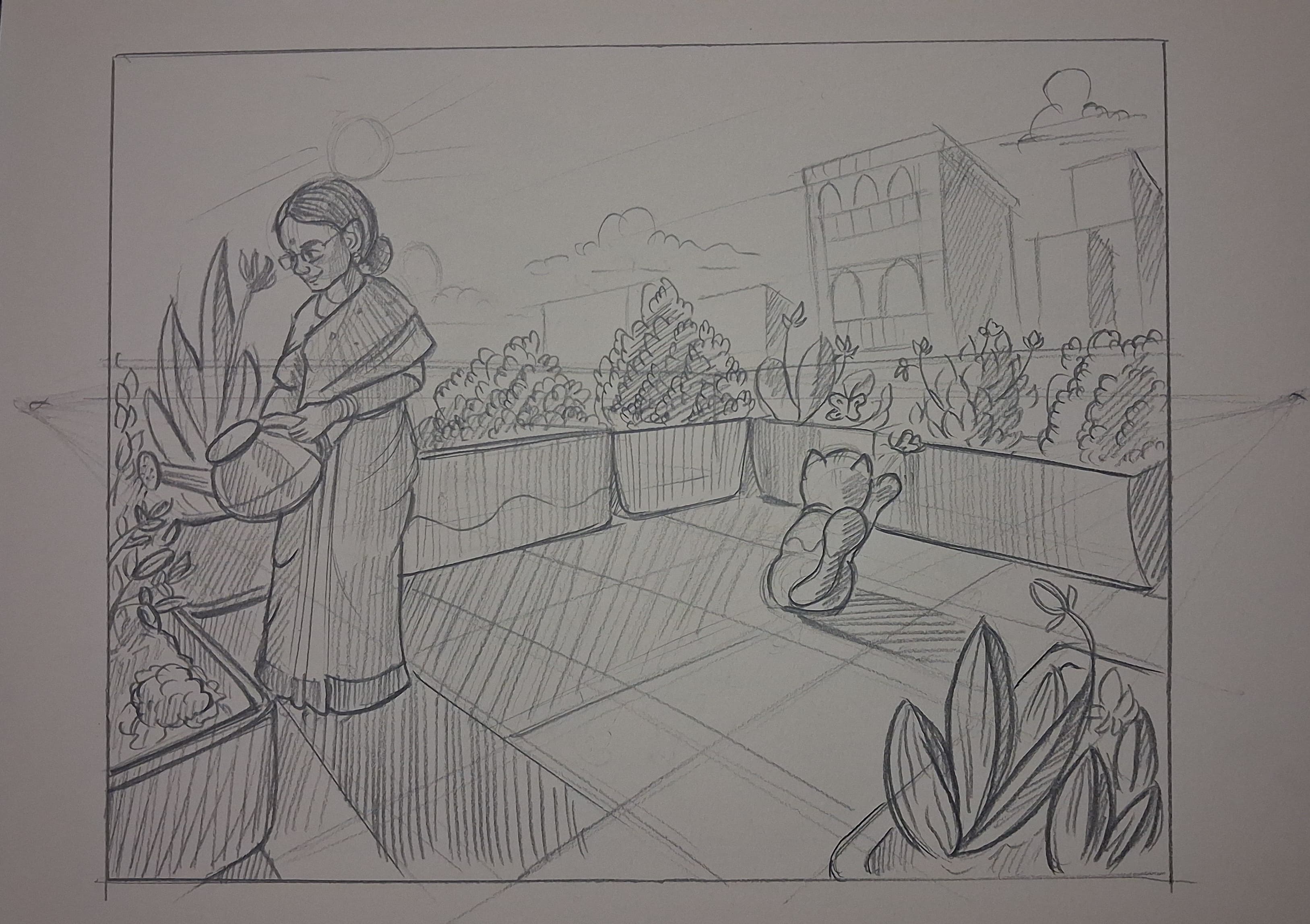 Student sketch for the practice prompt “Mrs. Gupta's Rooftop Garden” by Saee s.