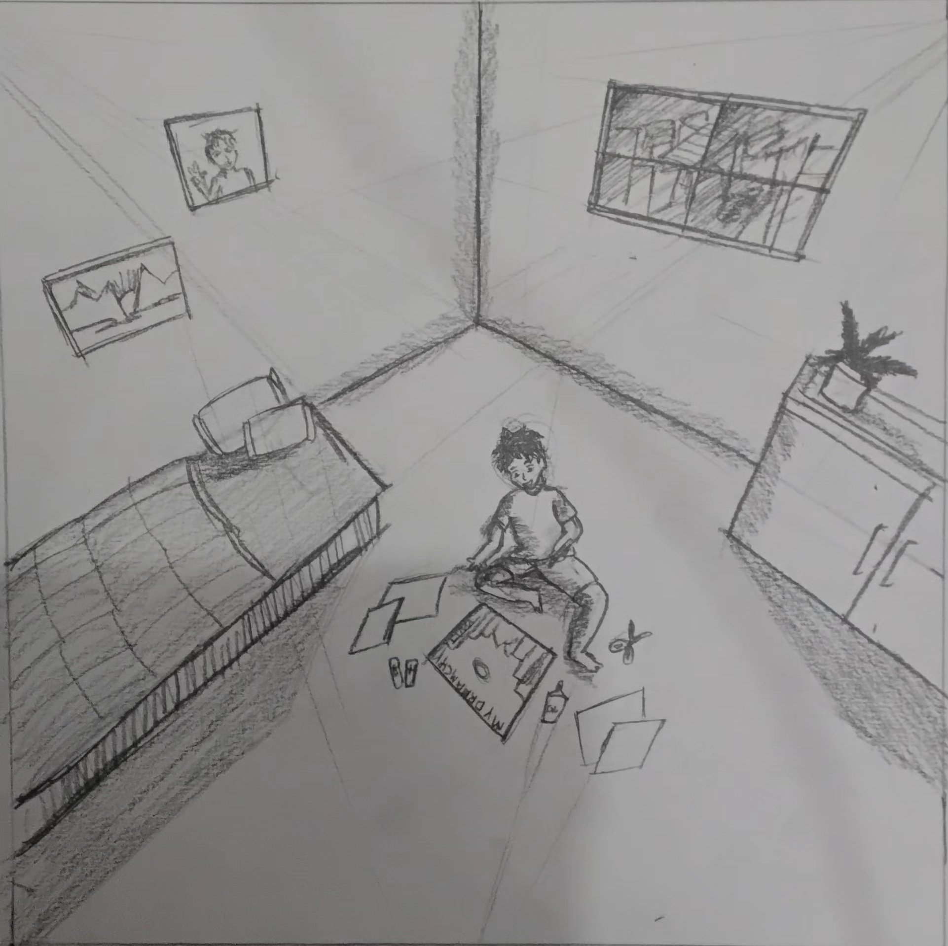 Student sketch for the practice prompt “Rohan's Art Project”.