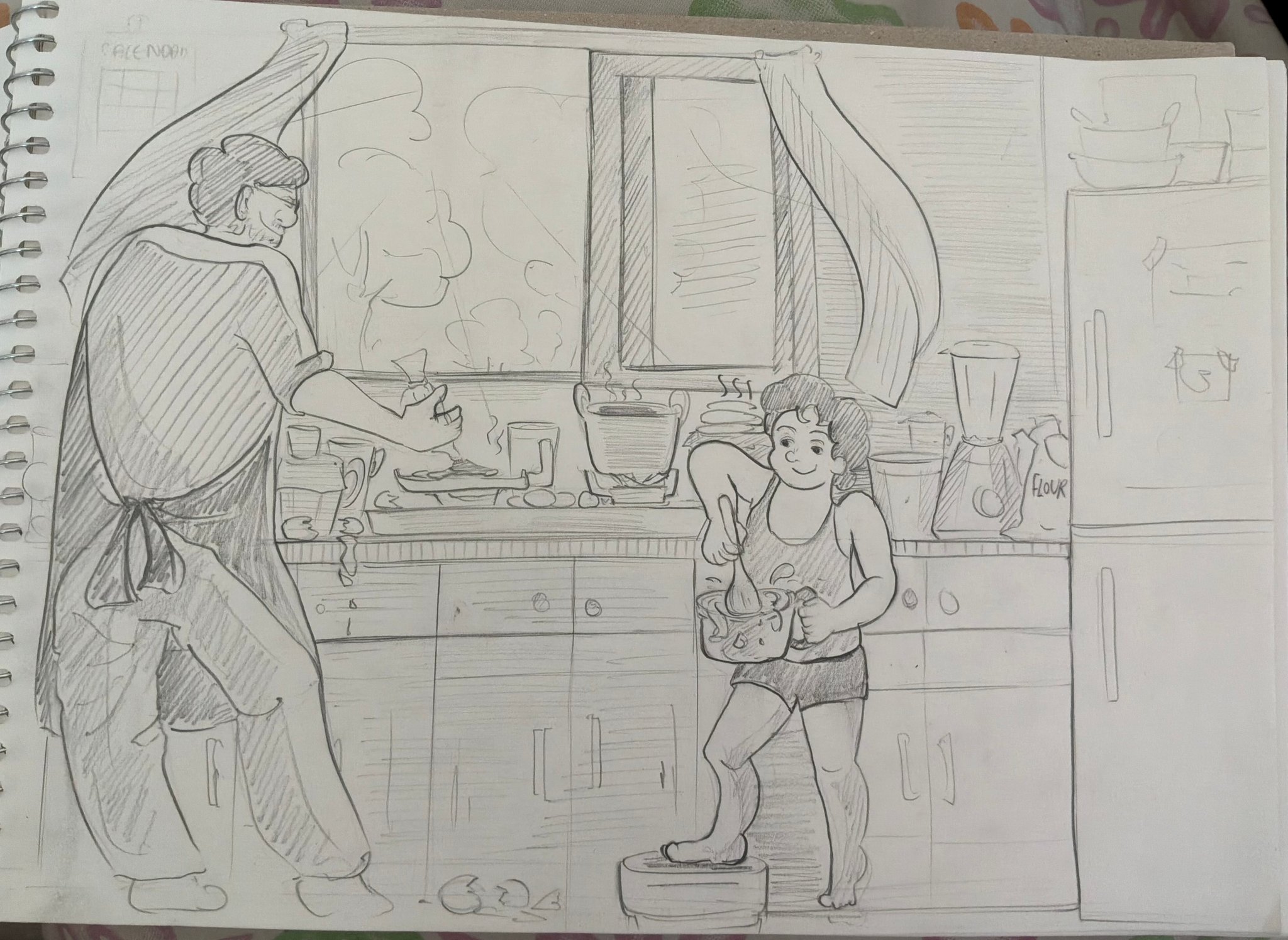 Student sketch for the practice prompt “Pancake Morning” by vanyaa.
