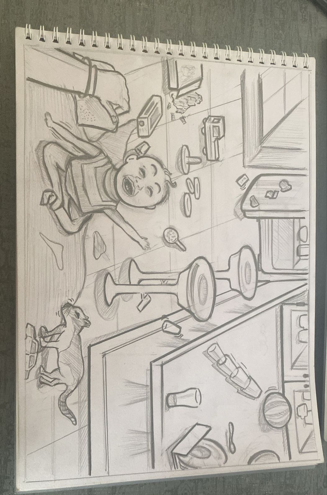 Student sketch for the practice prompt “Toddler Juice Spill” by Naman Goyal.
