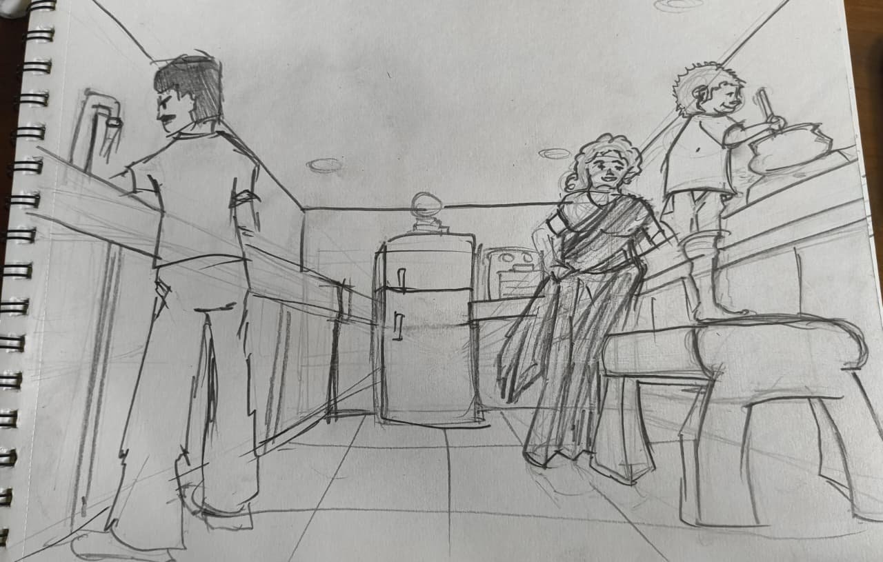 Student sketch for the practice prompt “Busy Kitchen Scene” by Sreehari A.