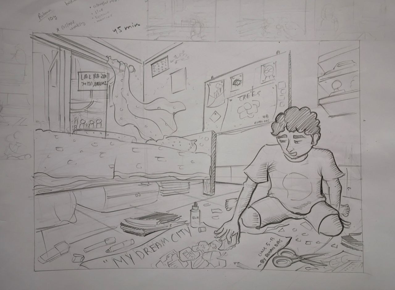 Student sketch for the practice prompt “Rohan's Art Project”.