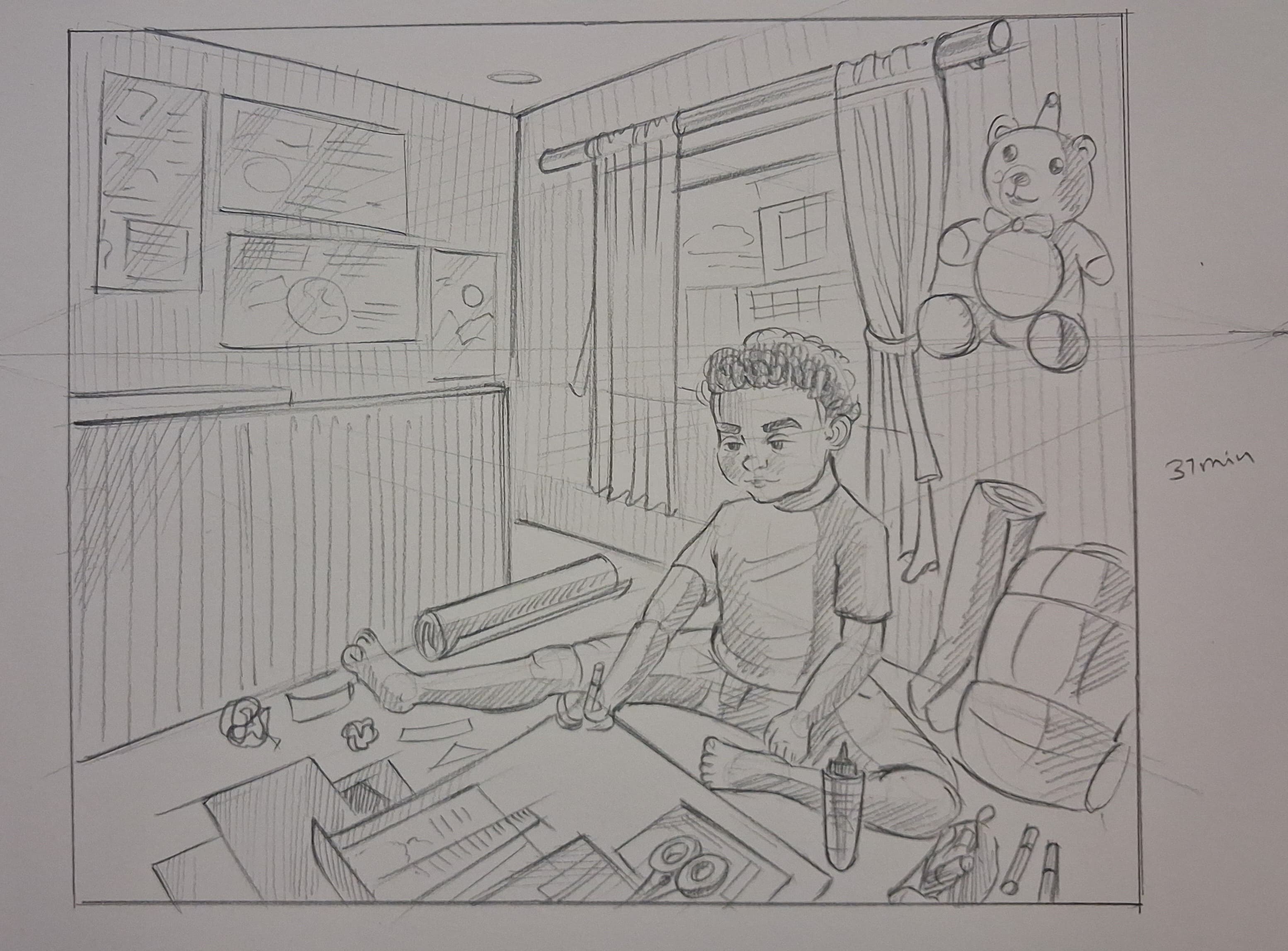 Student sketch for the practice prompt “Rohan's Art Project” by Saee s.