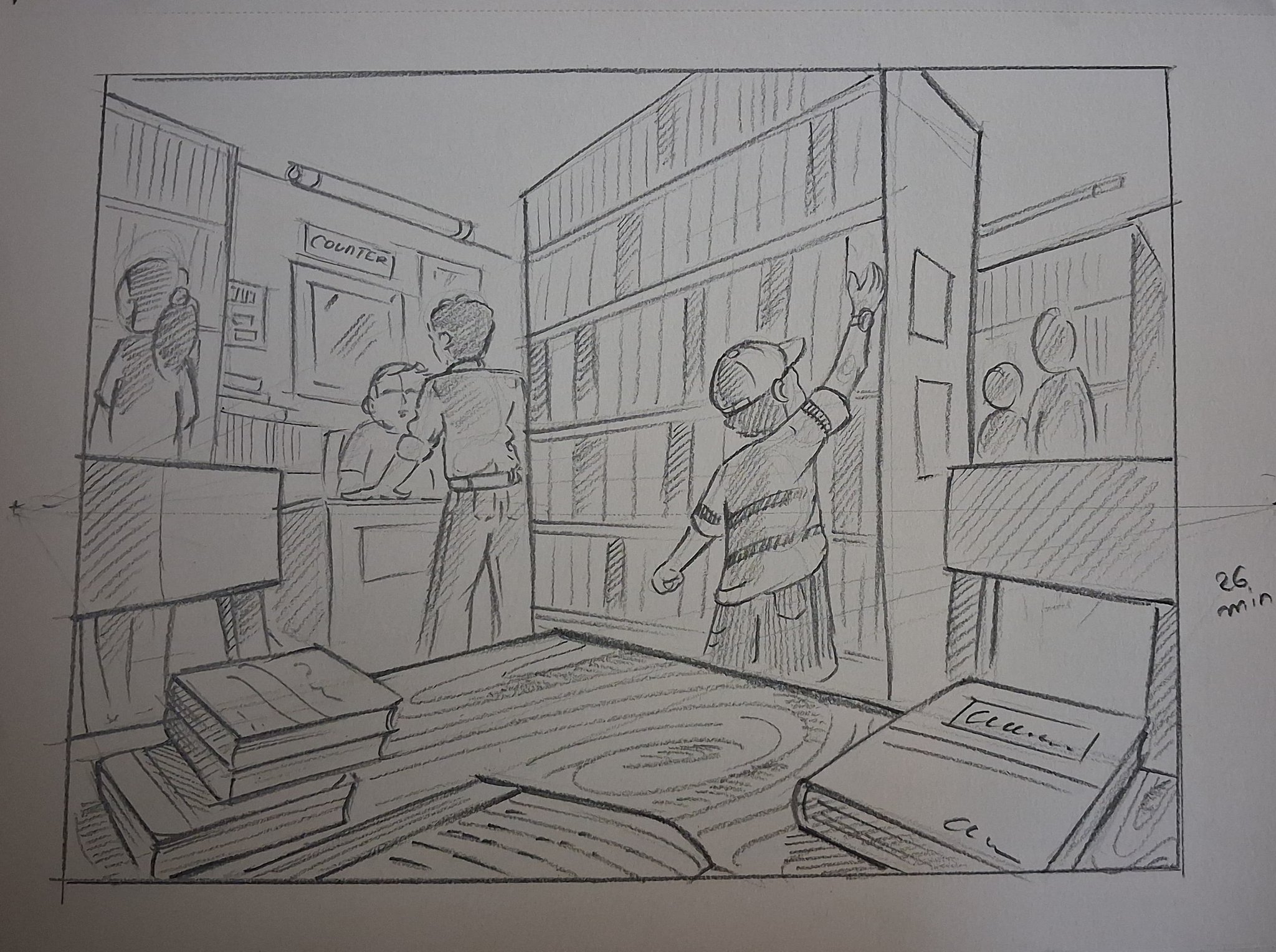 Student sketch for the practice prompt “Library Book Hunt” by Saee s.