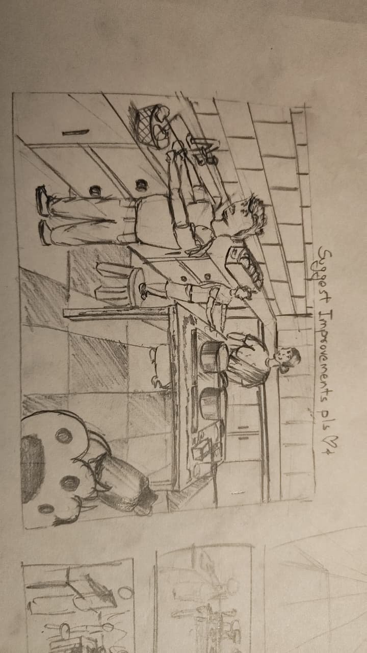 Student sketch for the practice prompt “Busy Kitchen Scene”.