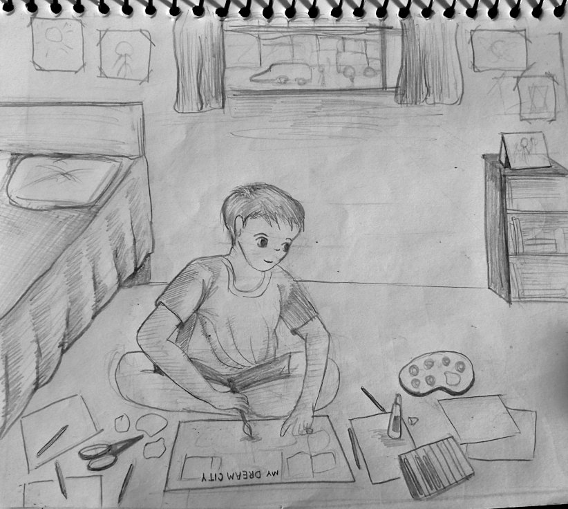Student sketch for the practice prompt “Rohan's Art Project”.