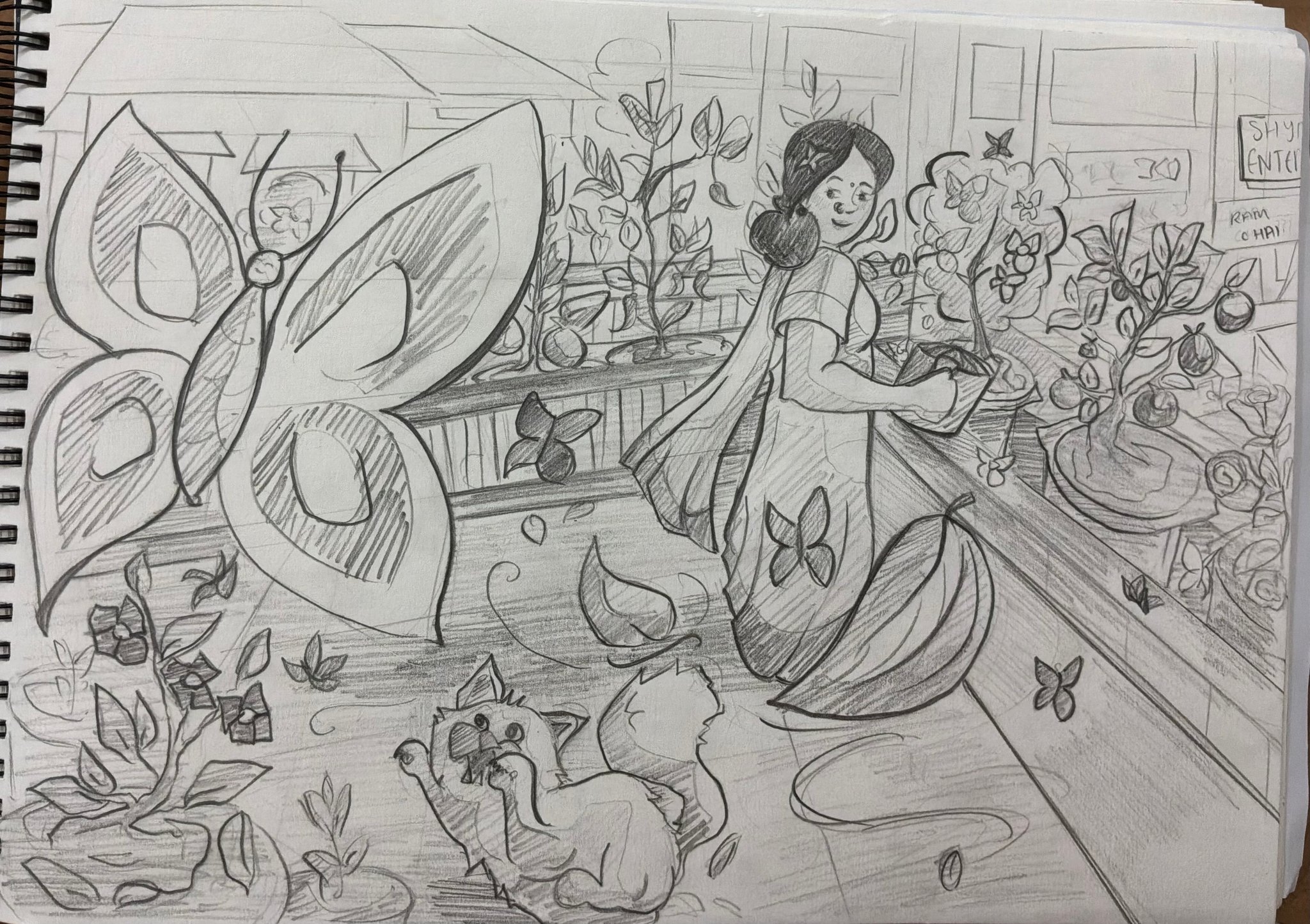 Student sketch for the practice prompt “Mrs. Gupta's Rooftop Garden” by vanyaa.