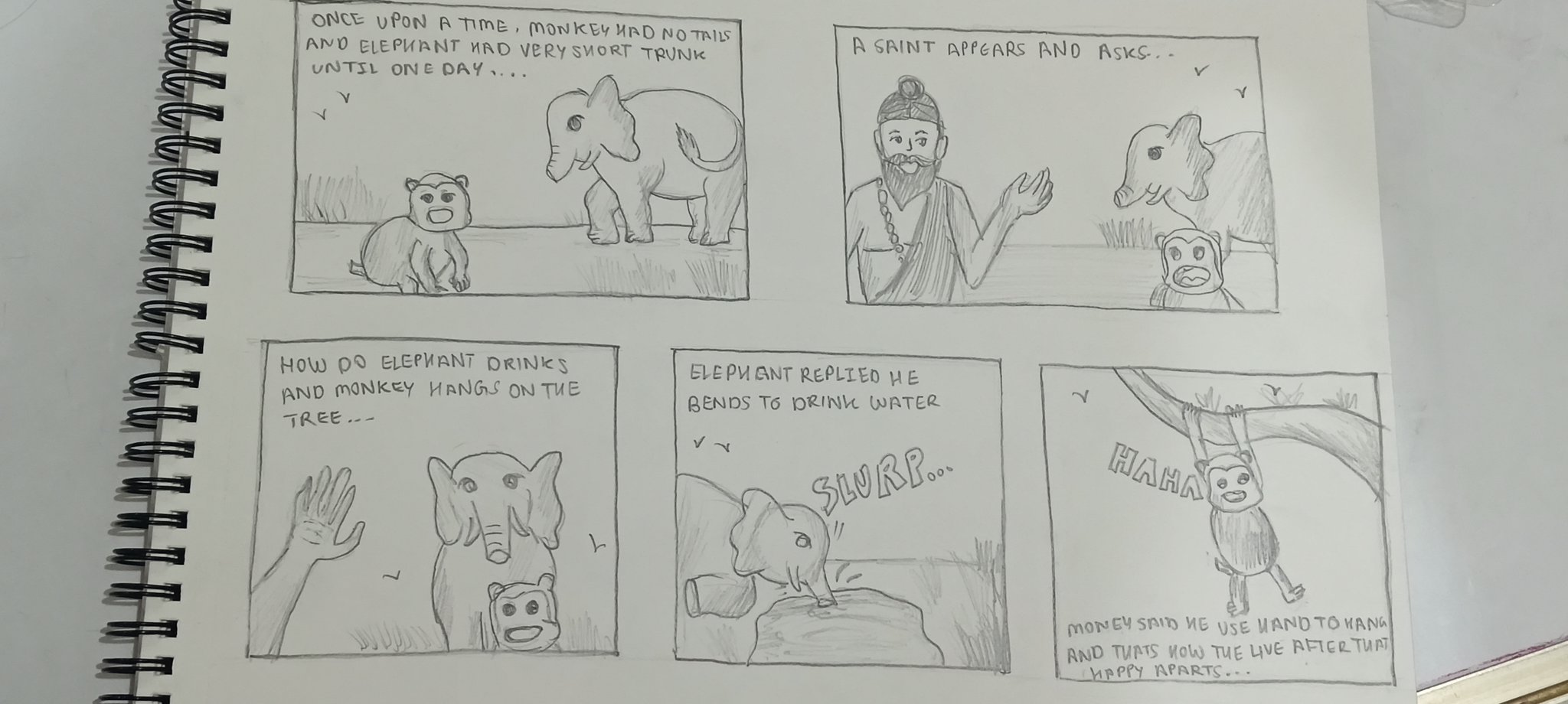 Student sketch for NID 2016 Part B “Monkeys and Elephants Story Completion” by Tanishq Rajput.