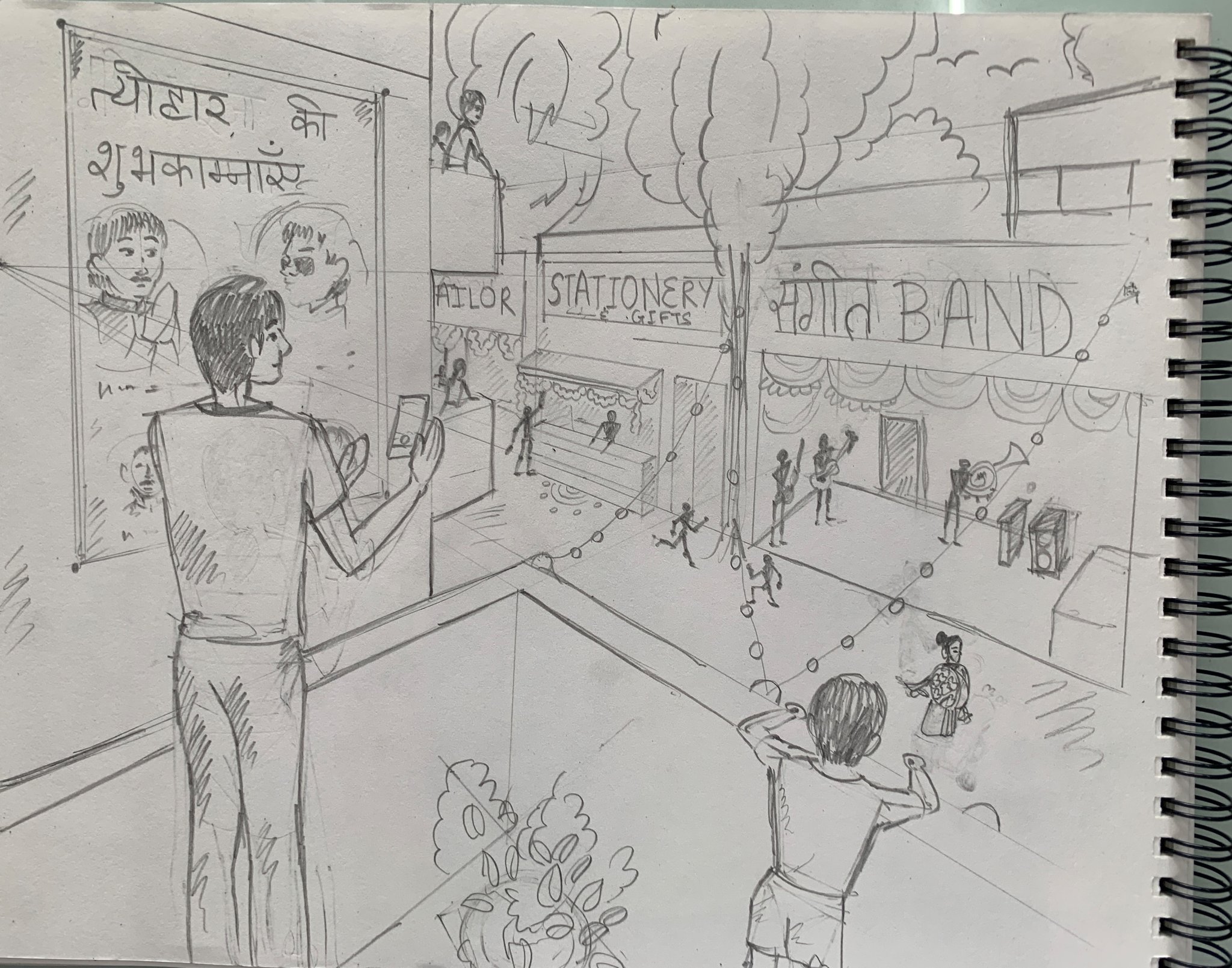 Student sketch for the practice prompt “Balcony Street Festival”.