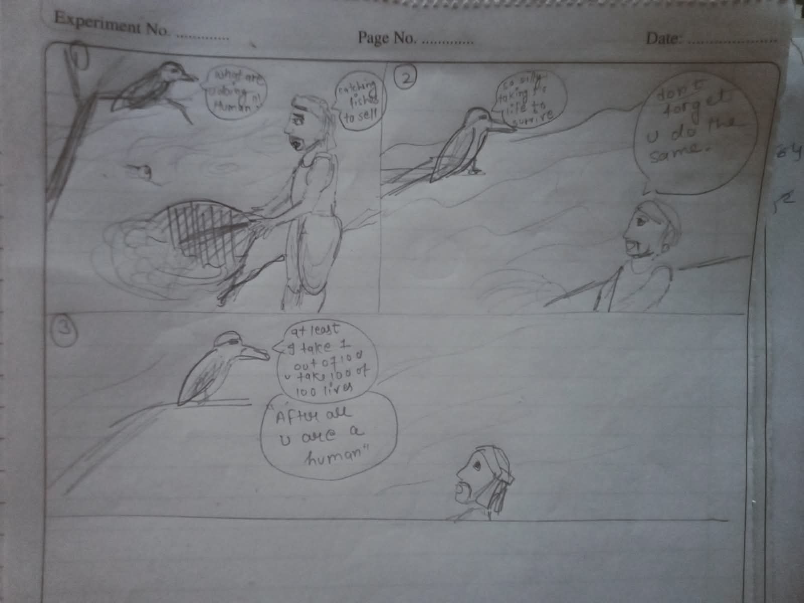Student sketch for NID 2022 Part B “Fisherman and Kingfisher Story”.