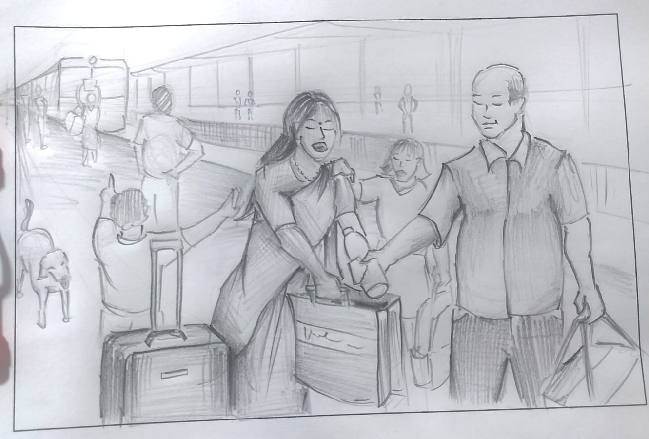 Student sketch for UCEED 2025 Part B Question 1 (Sketching) by H patil.