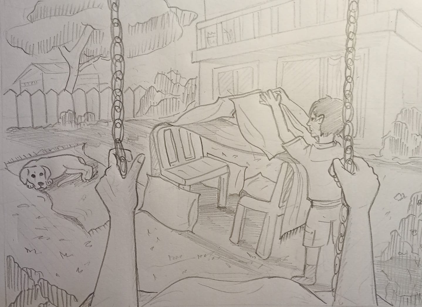 Student sketch for the practice prompt “Backyard Cushion Fort” by Prachi.