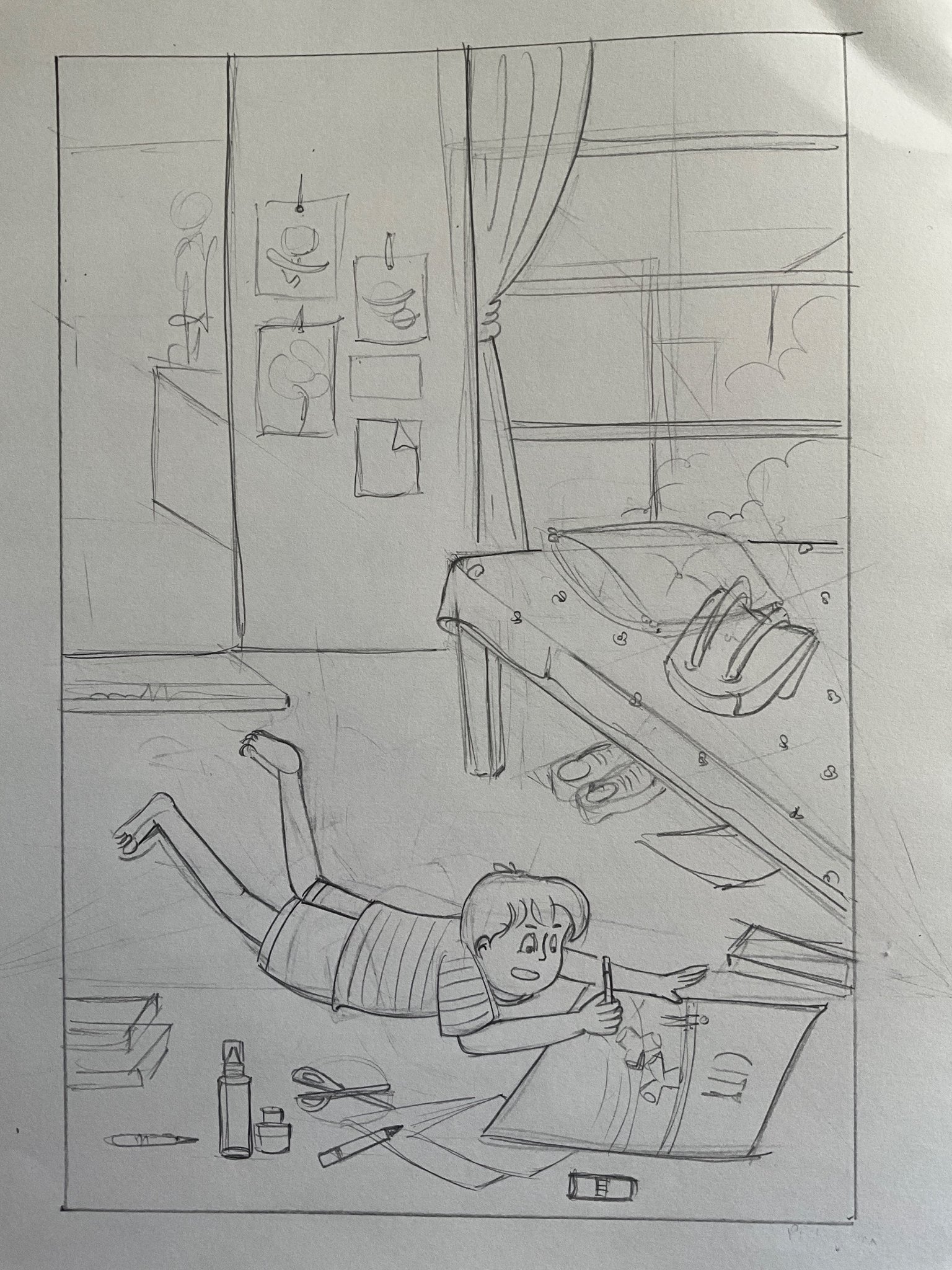 Student sketch for the practice prompt “Rohan's Art Project” by Riya Gupta.