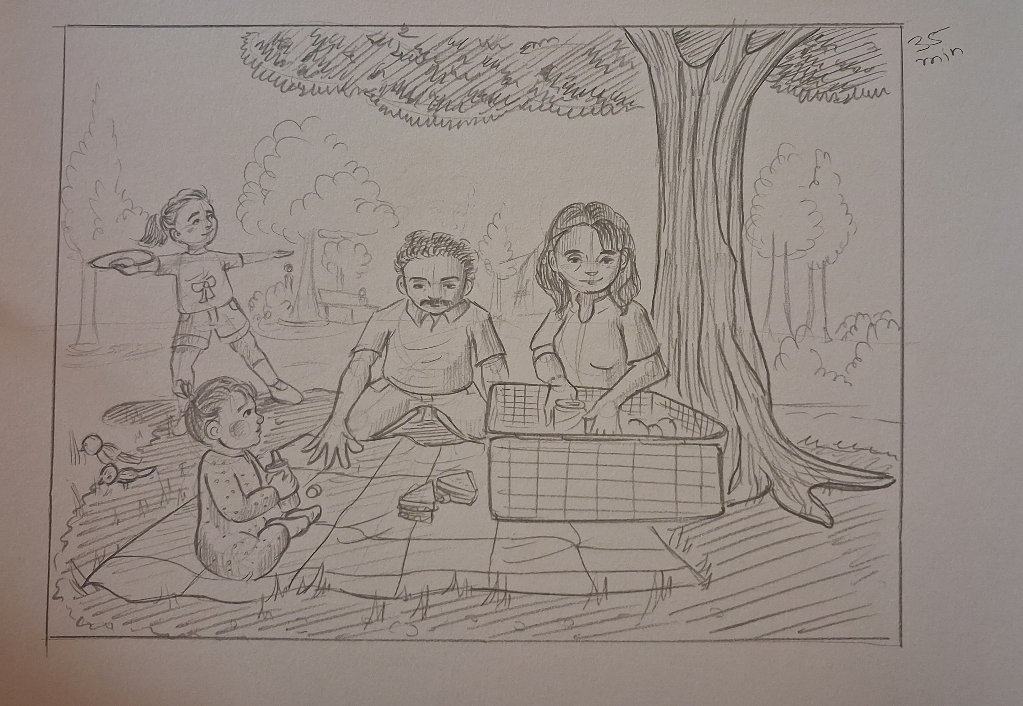Student sketch for the practice prompt “Park Family Picnic” by Saee s.