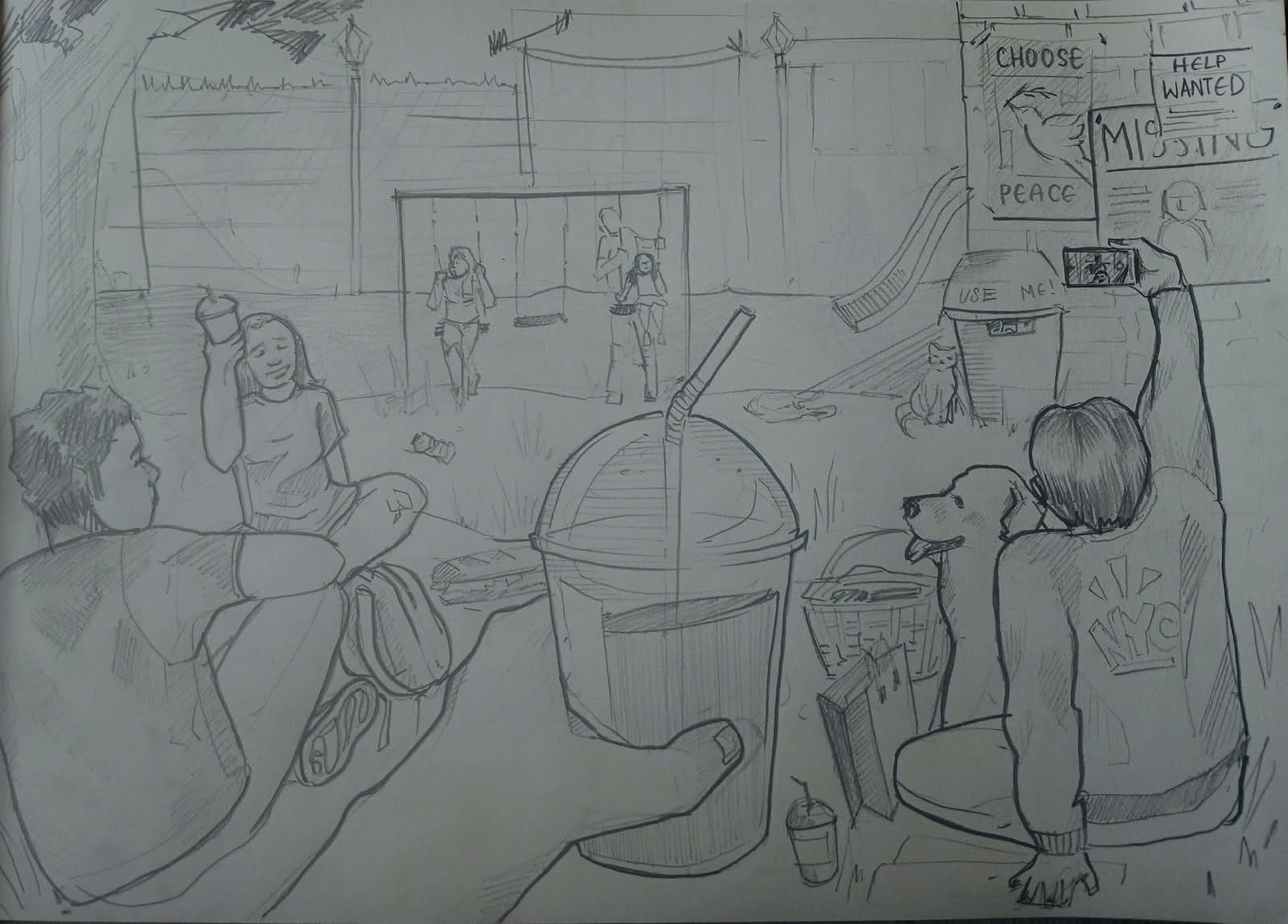 Student sketch for the practice prompt “Park Family Picnic”.