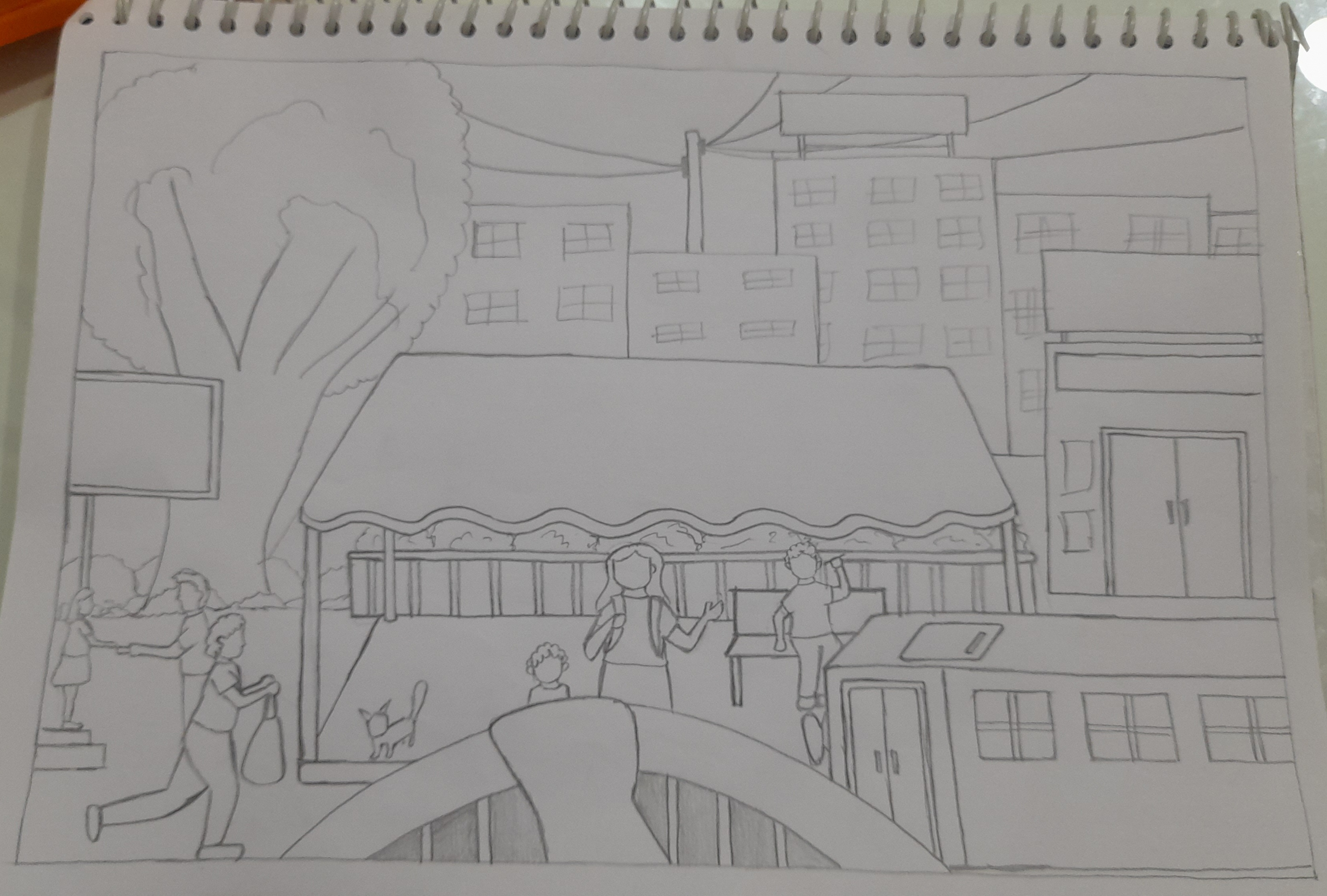 Student sketch for the practice prompt “Balcony Street Festival”.