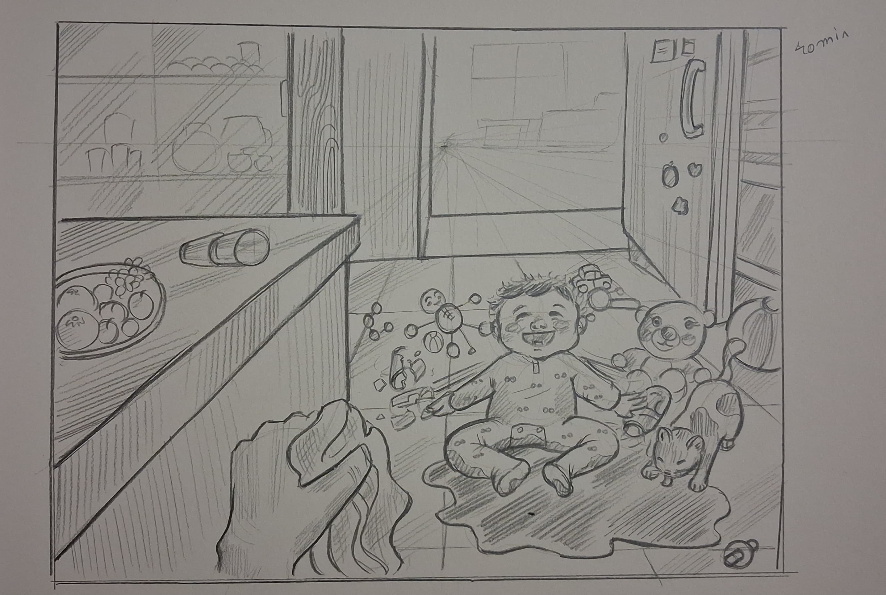 Student sketch for the practice prompt “Toddler Juice Spill” by Saee s.