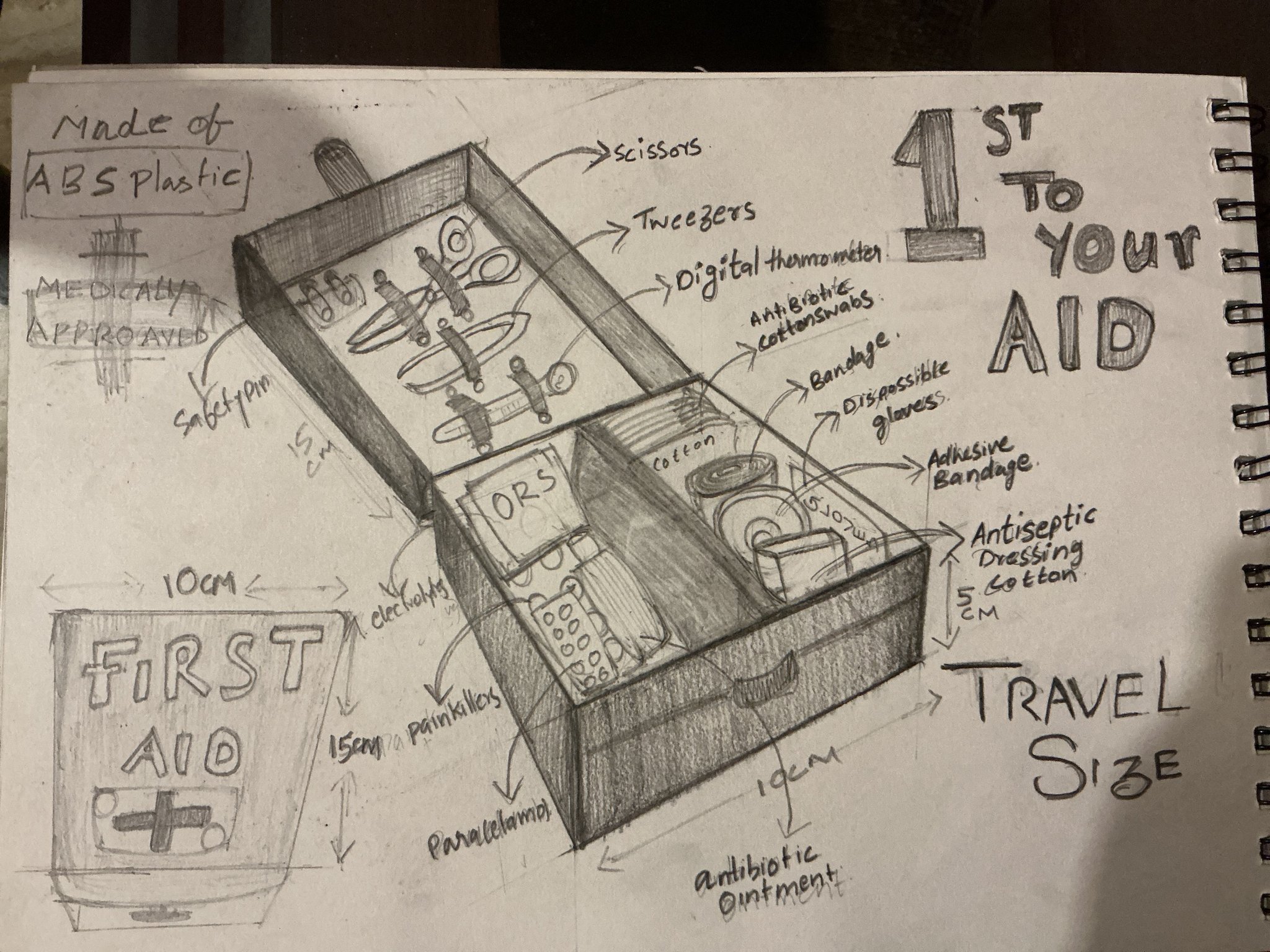 Student sketch for the practice prompt “Emergency First Aid Box”.