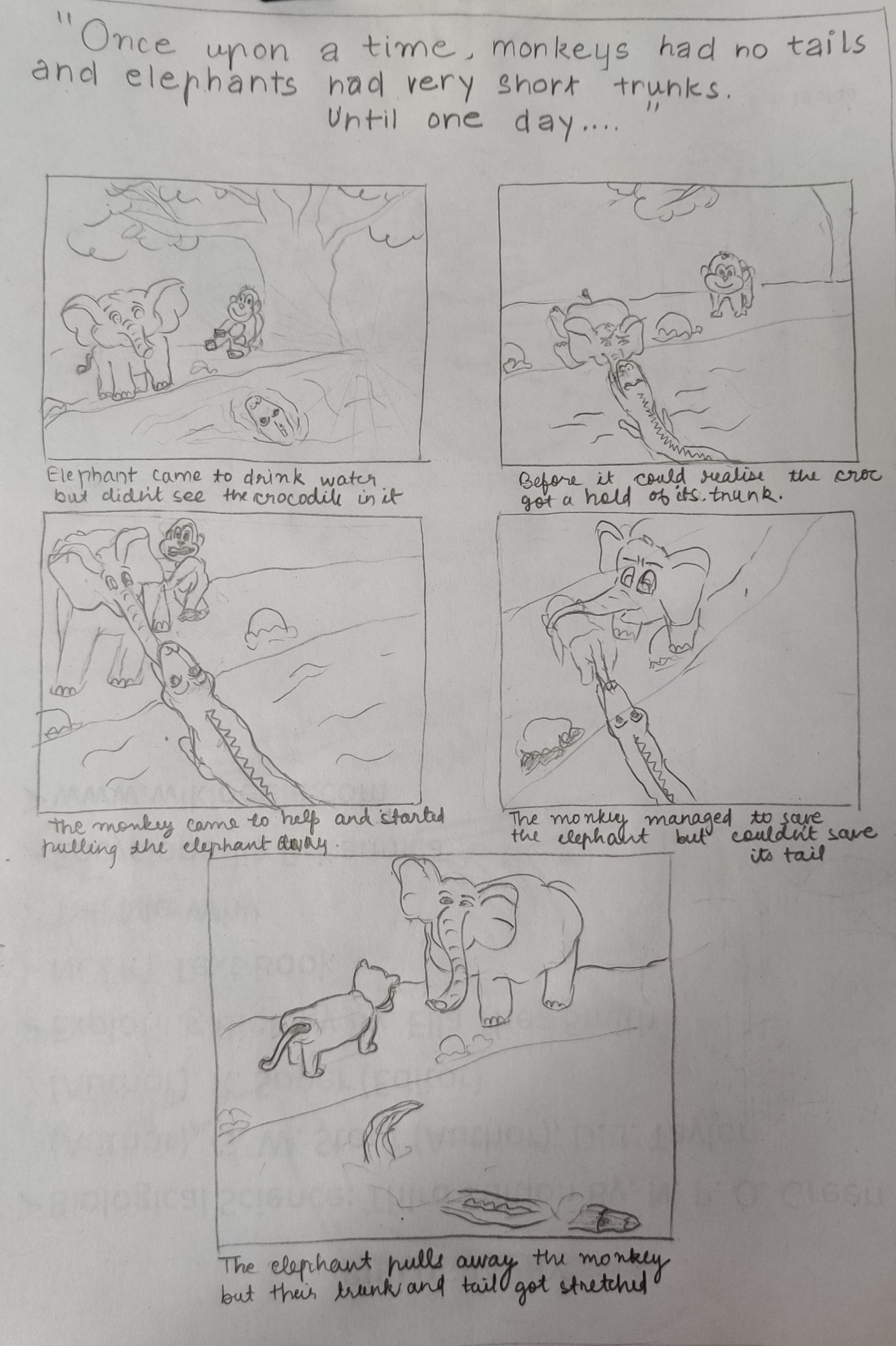 Student sketch for NID 2016 Part B “Monkeys and Elephants Story Completion”.