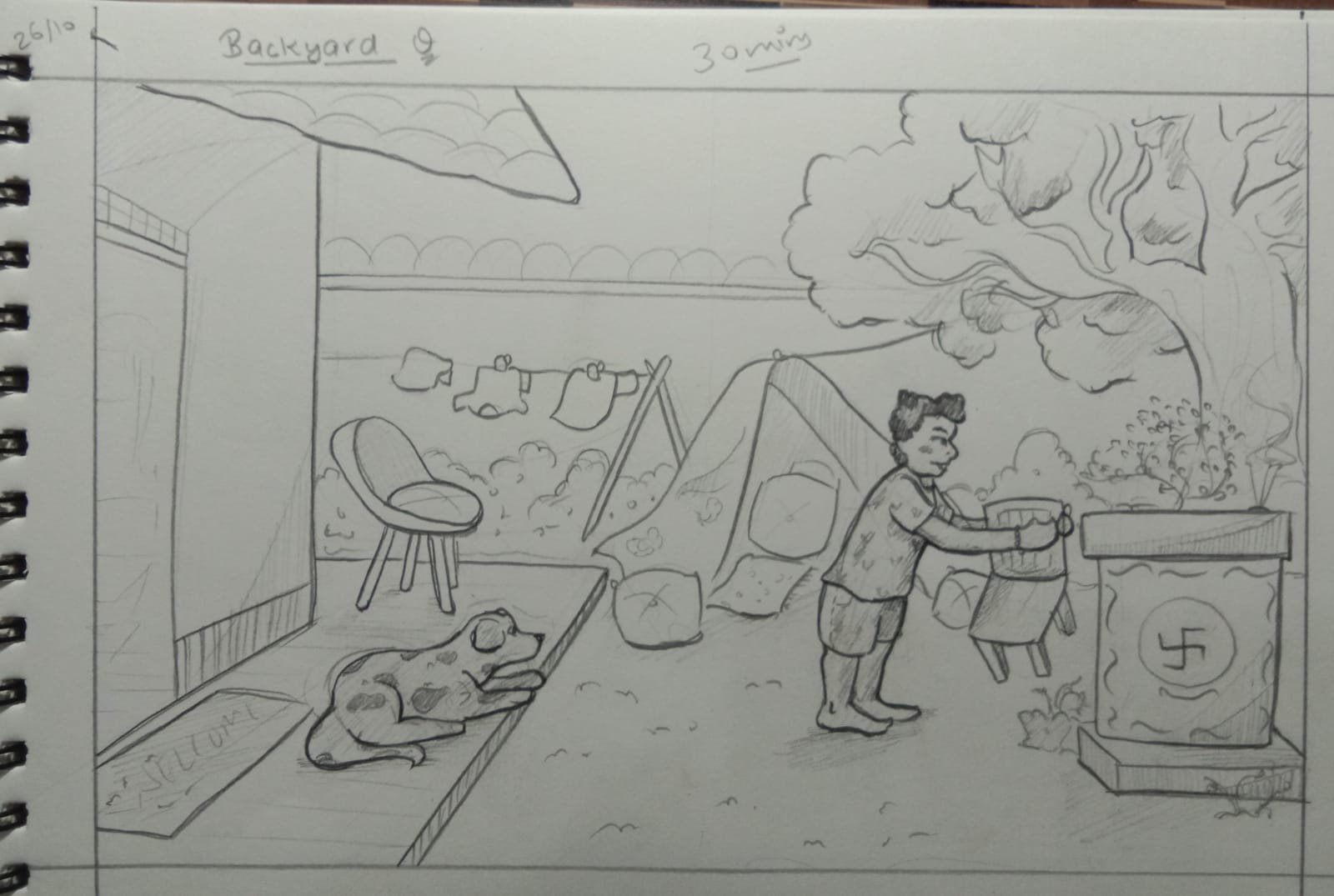 Student sketch for the practice prompt “Backyard Cushion Fort” by Aditi Patel.