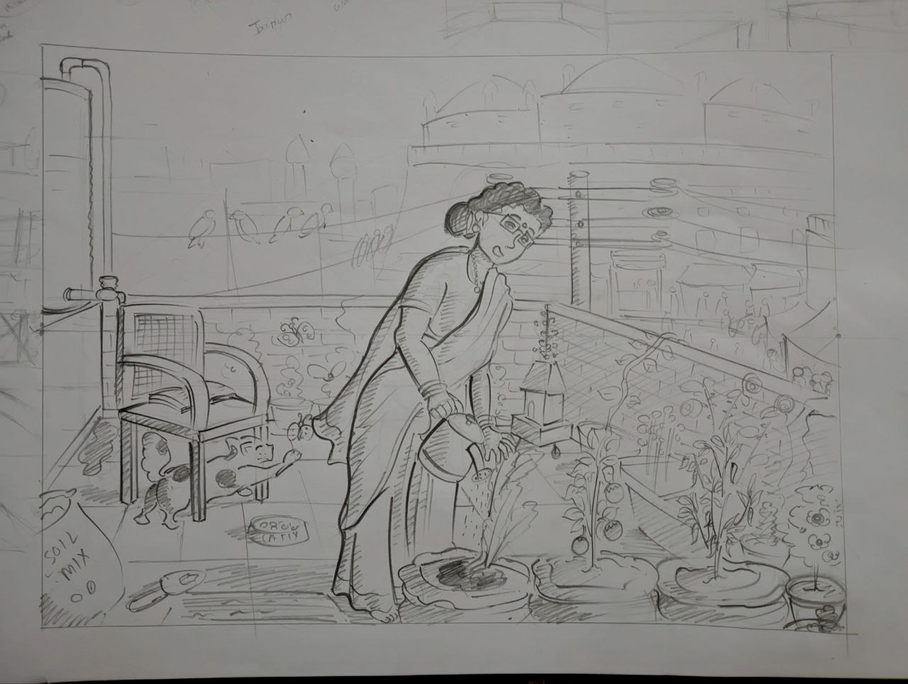 Student sketch for the practice prompt “Mrs. Gupta's Rooftop Garden”.