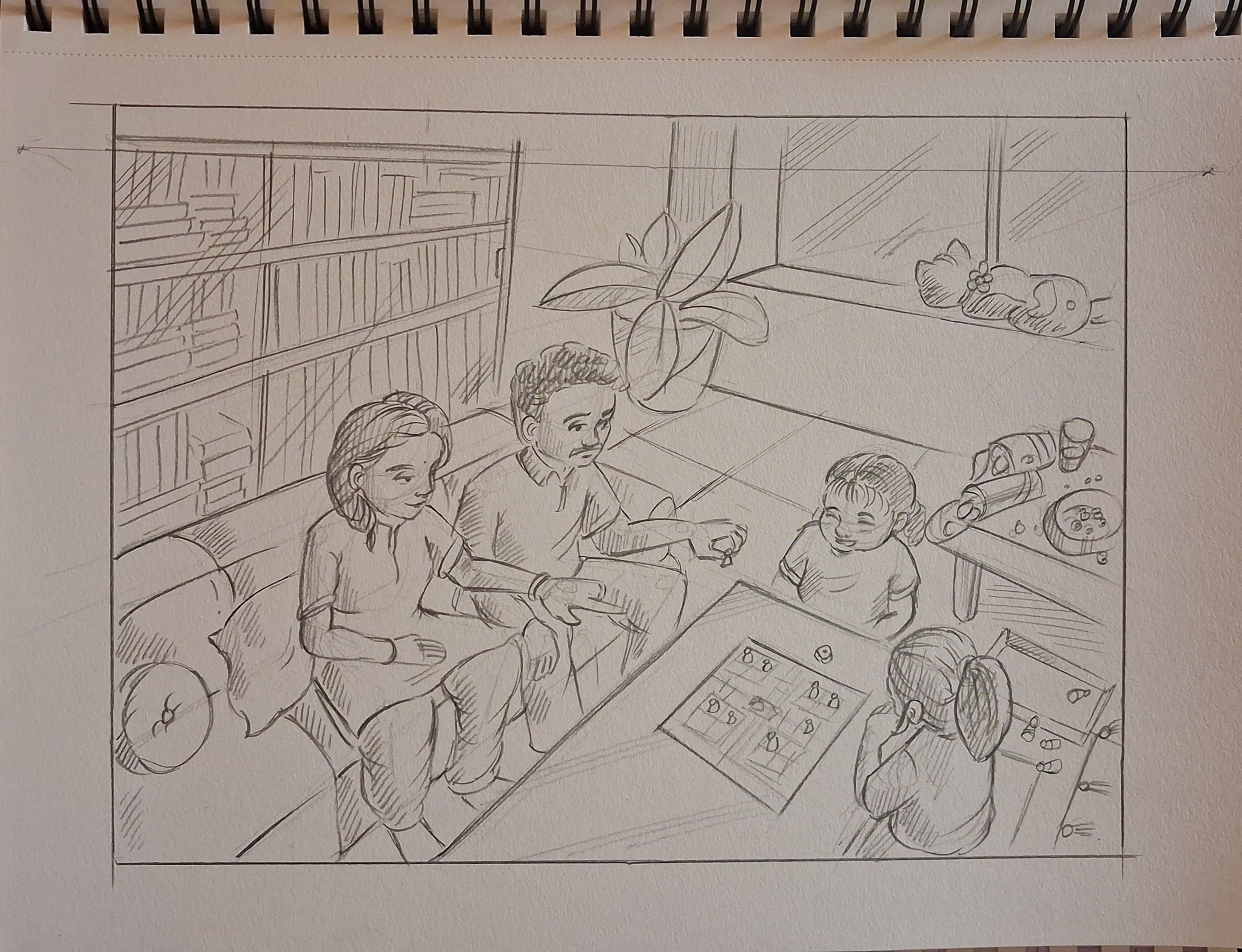 Student sketch for the practice prompt “Bird's-Eye Board Game” by Saee s.