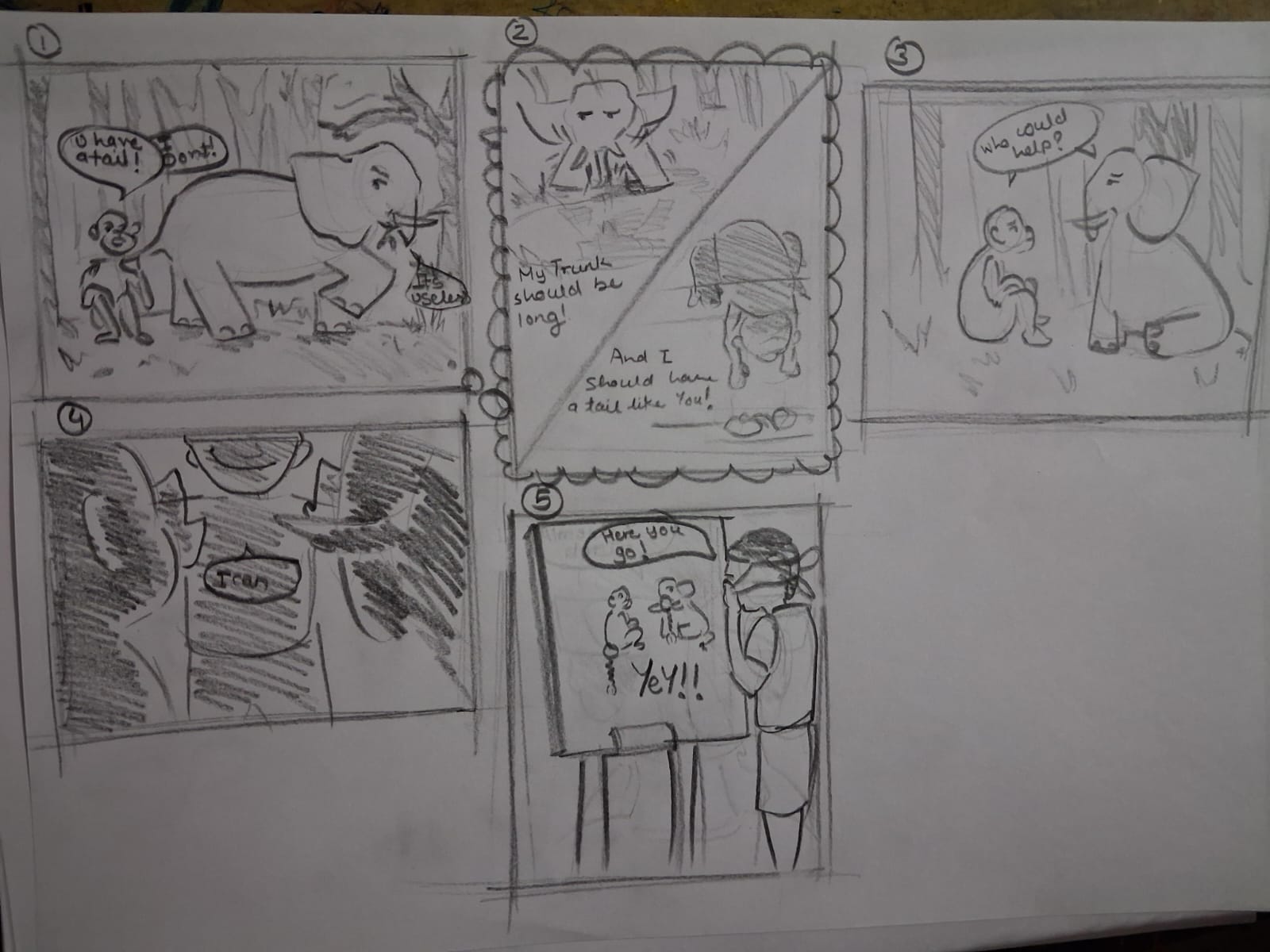 Student sketch for NID 2016 Part B “Monkeys and Elephants Story Completion” by Someone.