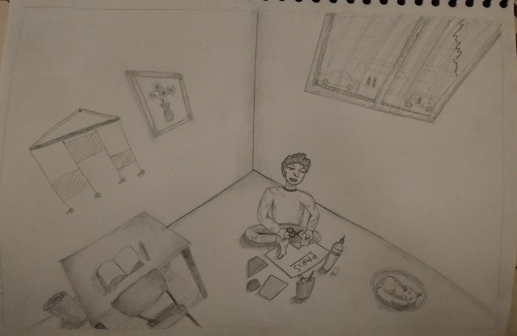 Student sketch for the practice prompt “Rohan's Art Project”.