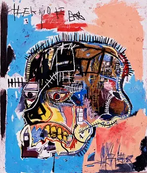 A painting of a large head like an X-ray skull, with a grid of teeth, staring eyes and scribbled lines, in black, yellow, red and blue against a sky-blue and pink background.