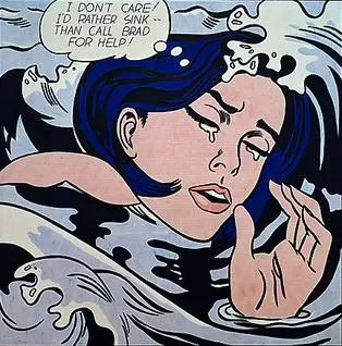 A comic-strip painting of a crying woman with dark blue hair sinking in a swirling wave, with a thought bubble saying she would rather sink than call Brad for help; her skin is made of small red dots.