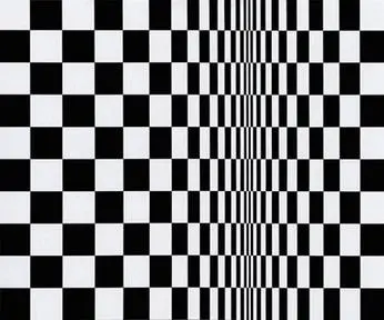 A black and white chequerboard whose squares squeeze into thin strips towards the middle, so the flat surface seems to fold and bend inwards.