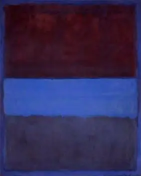 A tall canvas with three soft-edged horizontal blocks of colour stacked on a blue ground: dark rust red at the top, a bright blue band in the middle and deep brown-purple at the bottom.