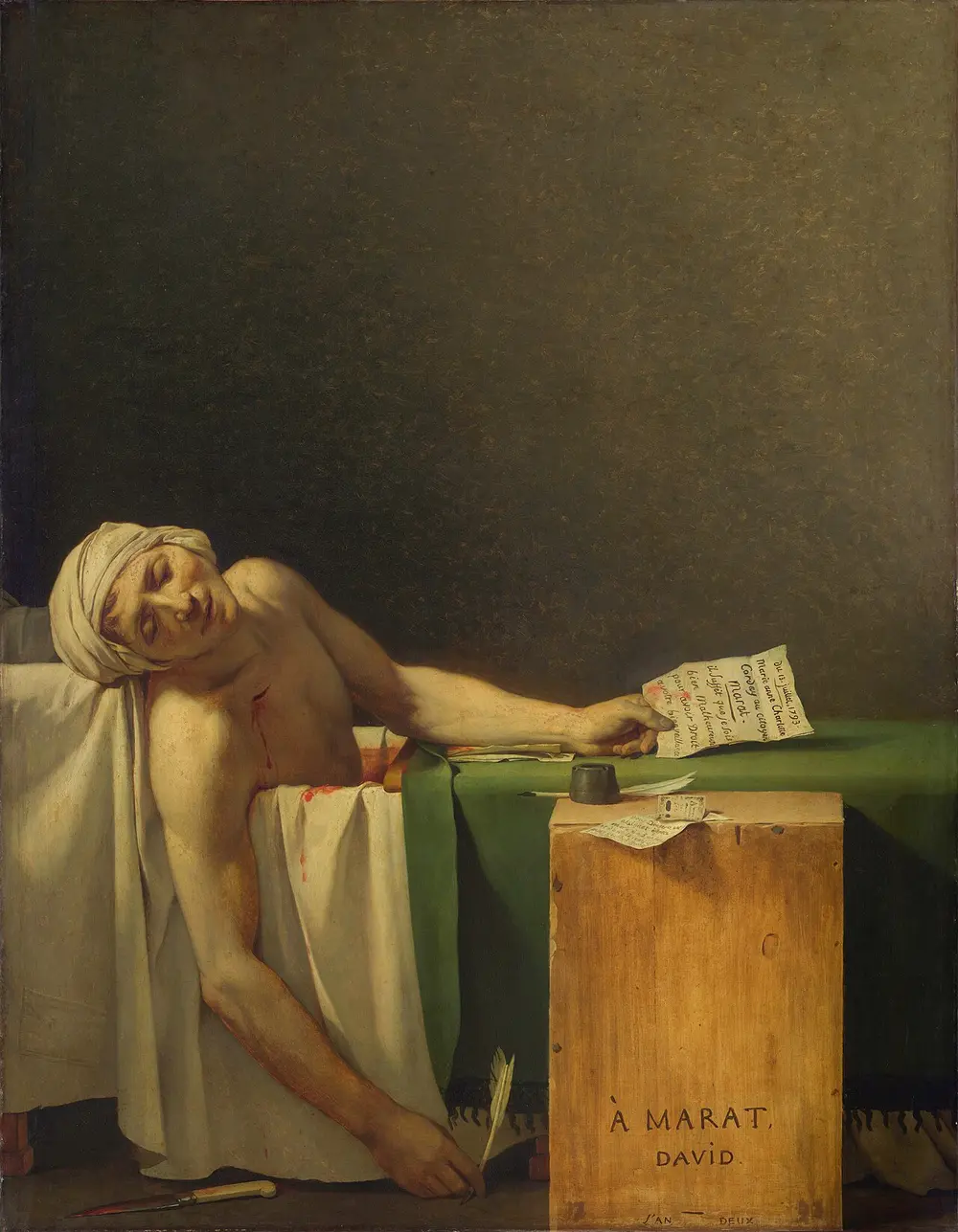 A dead man with a cloth wrapped round his head slumps in a bath, one arm hanging down holding a quill, a letter in his other hand, in front of a plain dark wall; a wooden box beside the bath is inscribed to Marat.